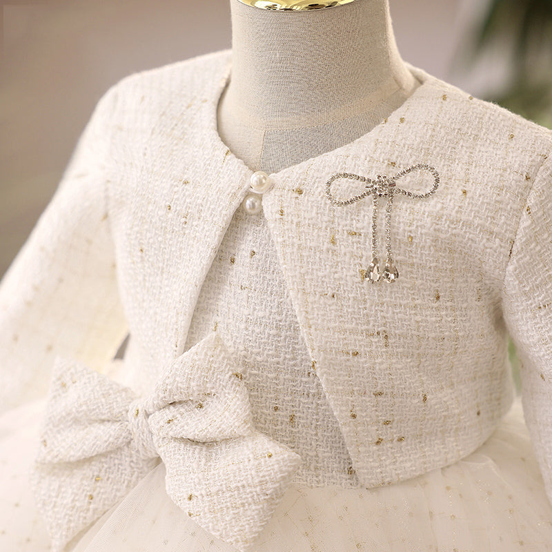 White Tulle A-Line Tea-Length Flower Girl Dress with Long Sleeves and Bow - Perfect for Weddings, Bridal Showers & Special Occasions