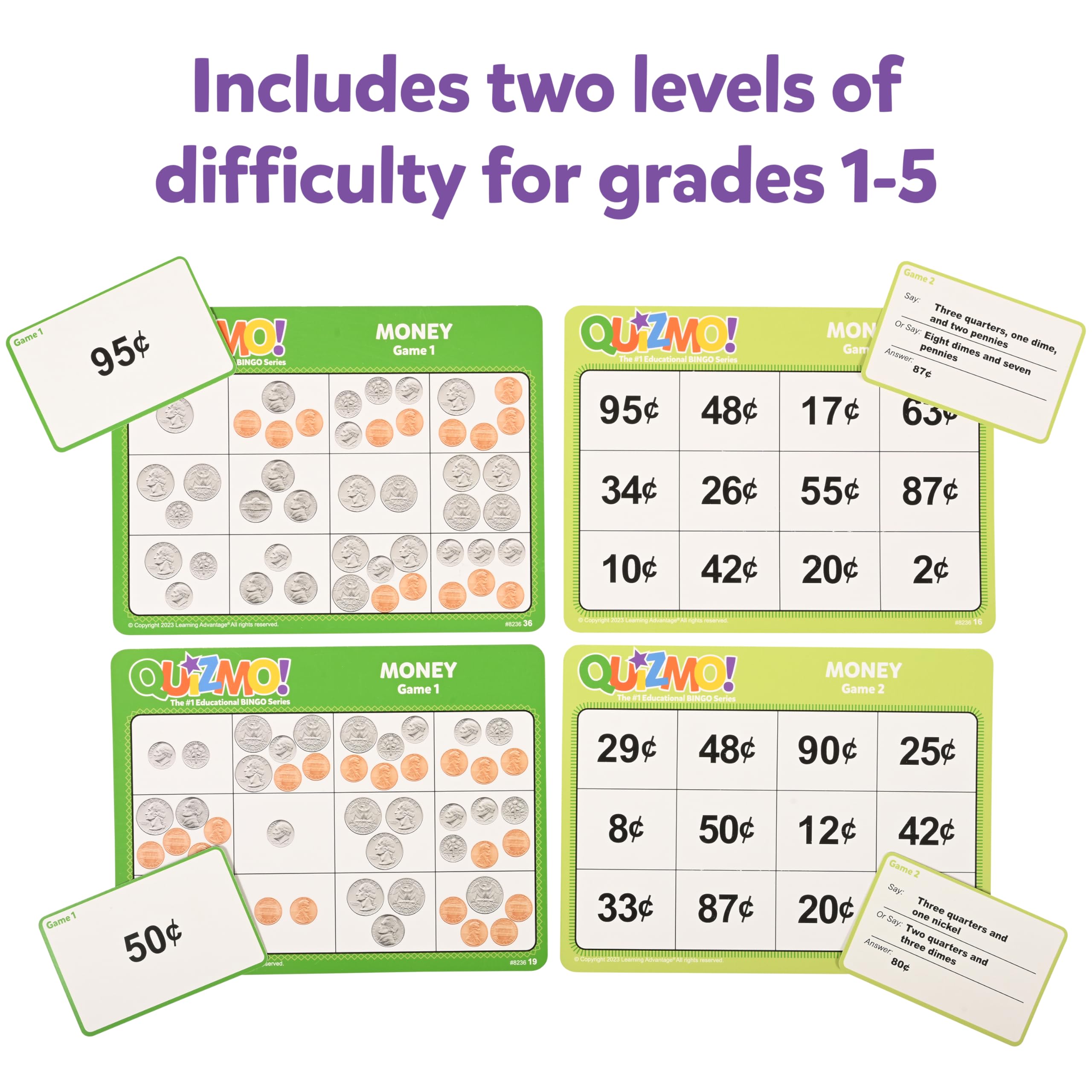 QUIZMO Money - Educational Bingo-Style Money Game for Kids Ages 7-12 - Learn Coin Recognition & Valuation with 2 Difficulty Levels - Perfect for Classroom Math Activities & Family Game Night