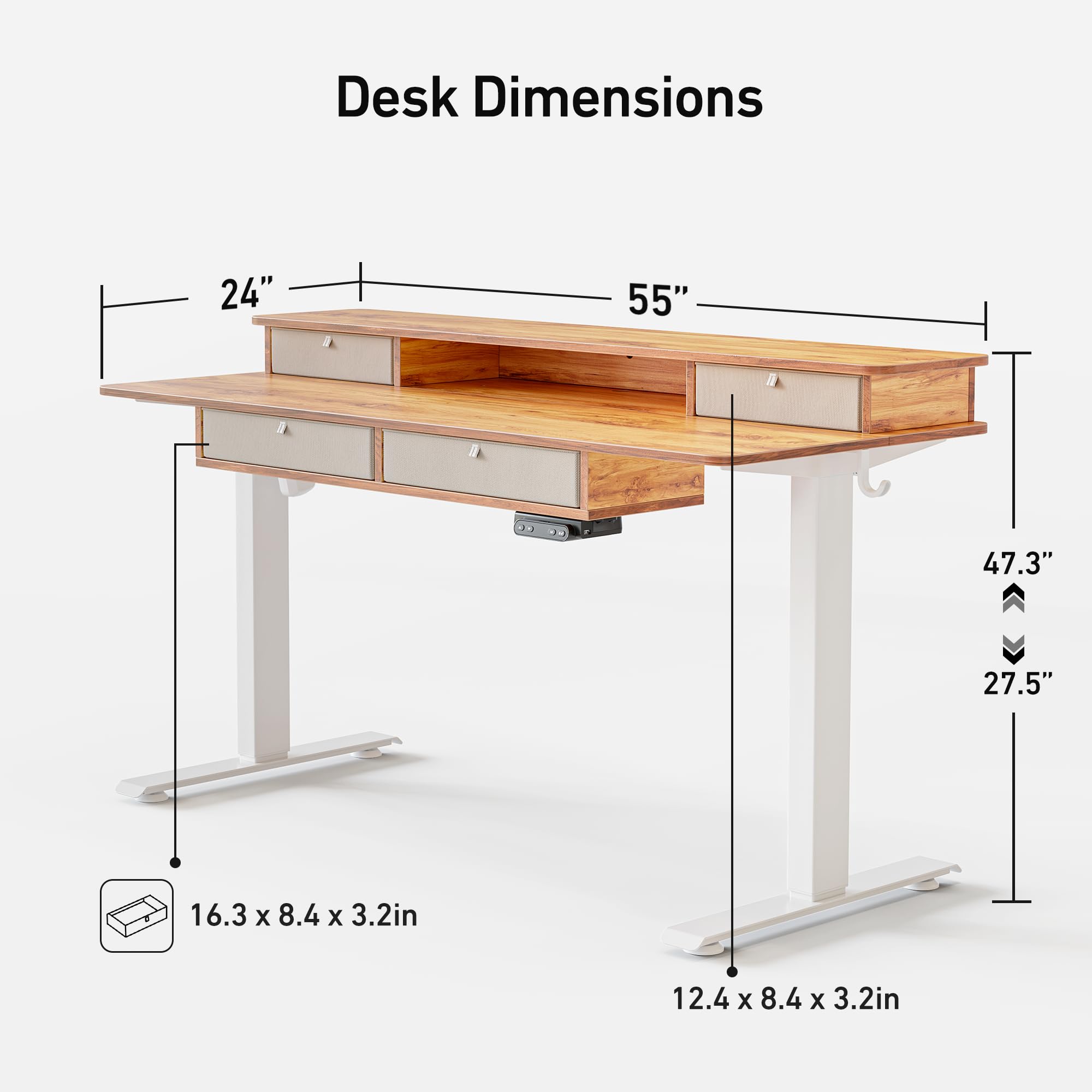 FEZIBO 55 x 24 Inch Electric Standing Desk with Drawers - Adjustable Height Sit Stand Workstation, Large Storage Shelf, Light Rustic Brown Top - Perfect for Home Office, Gaming Setup & Workspace Ergonomics