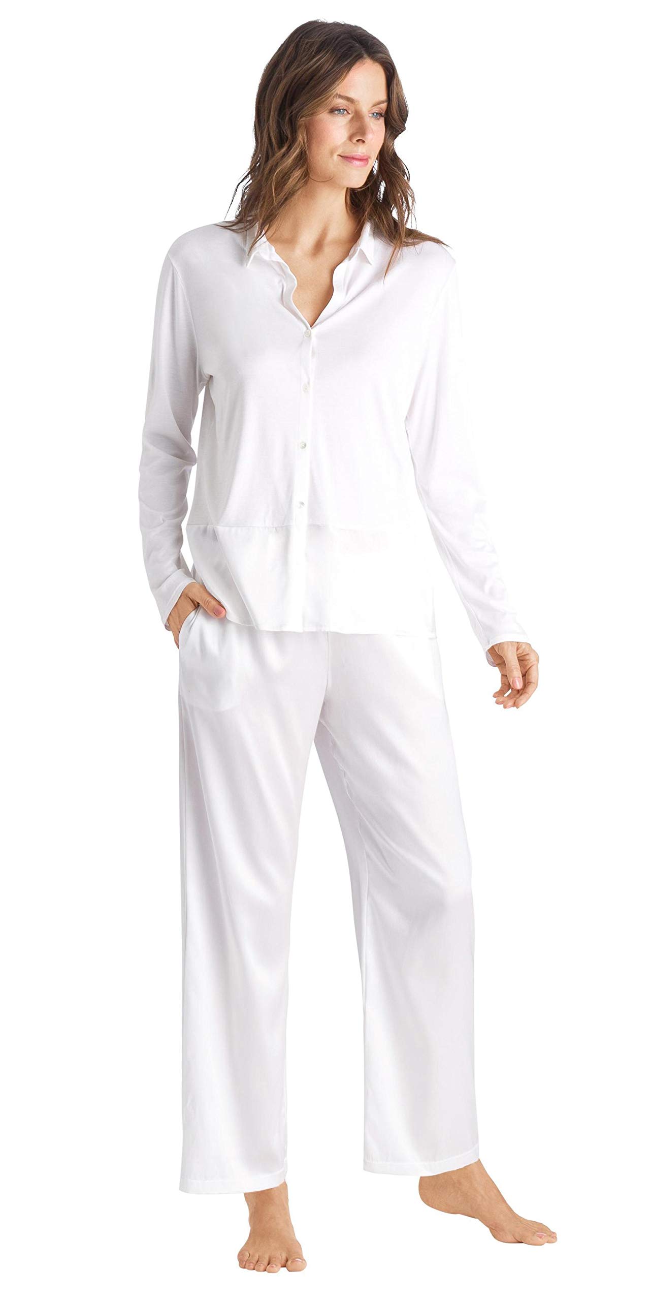 HANRO Women's Grand Central Long Sleeve Shirt - Soft Cotton Button Down Blouse for Work, Office & Casual Wear | Classic Fit, Breathable Fabric for Everyday Comfort