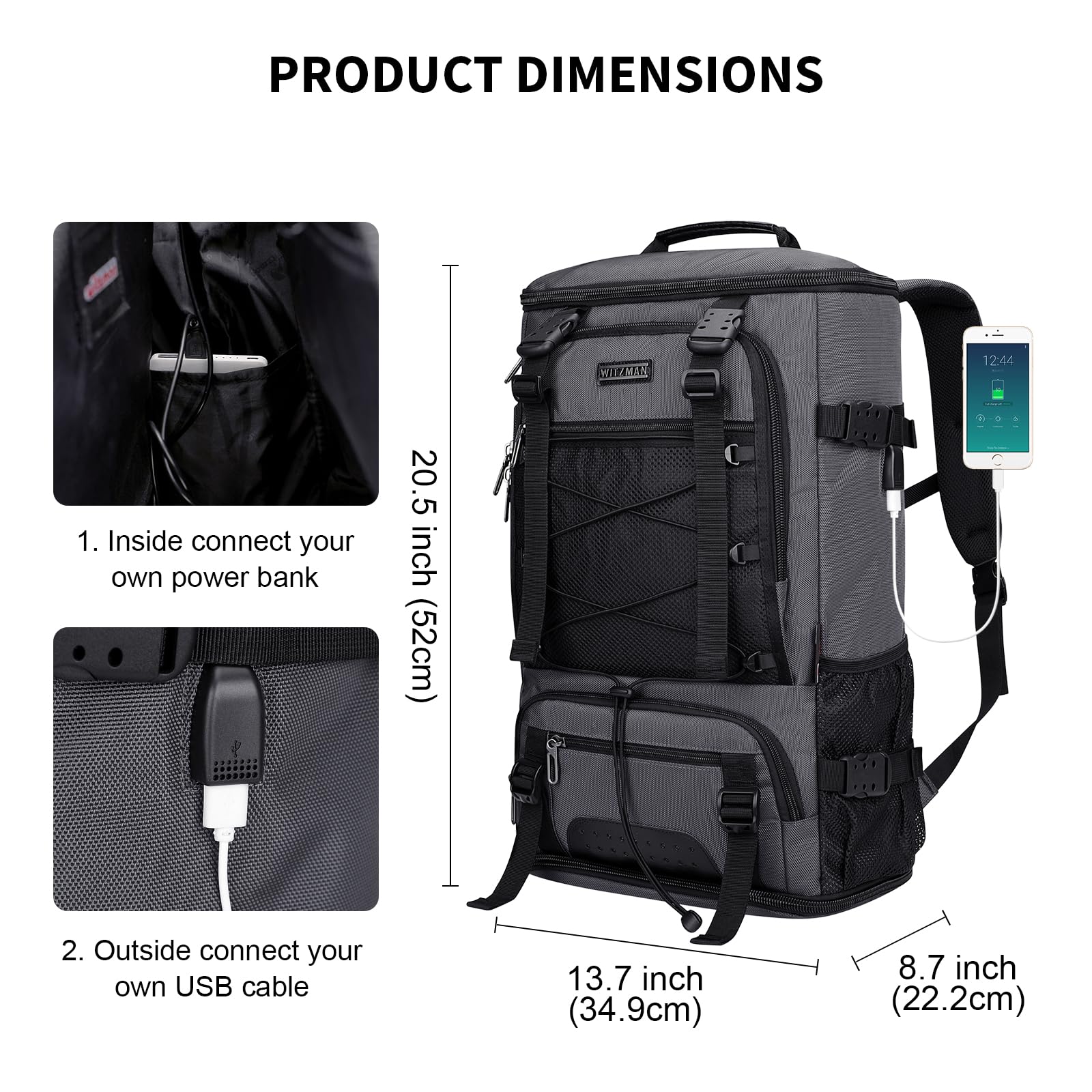 WITZMAN Large Travel Backpack for Men - Convertible Carry-On Laptop Backpack with Shoe Compartment Fits 17 Inch Laptop (B689 Silvery Grey) - Perfect for Business Trips, Gym & Weekend Getaways