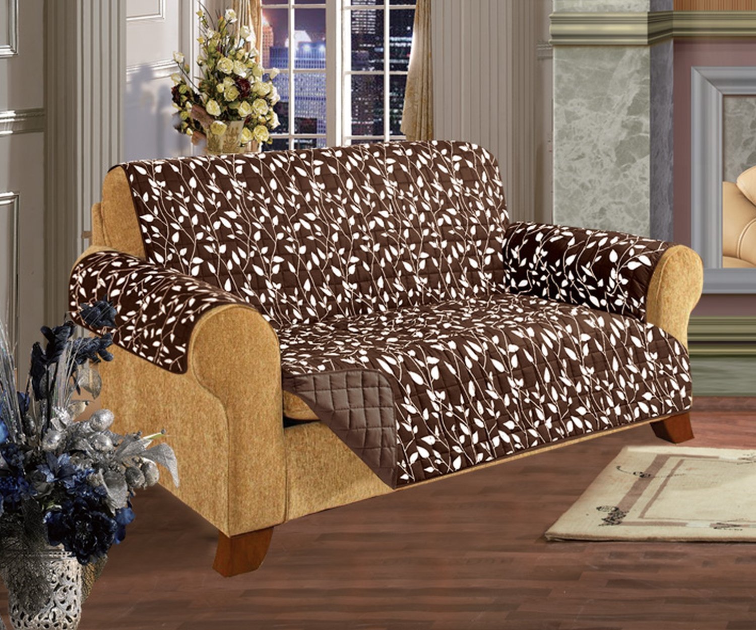 Premium Quilted Furniture Protector for Pets & Kids - Ultra Soft Microfiber (Egyptian Cotton Feel) - Chocolate Love Seat Leaf Pattern - Perfect for Sofas, Couches & Recliners - Pet Hair & Spill Resistant