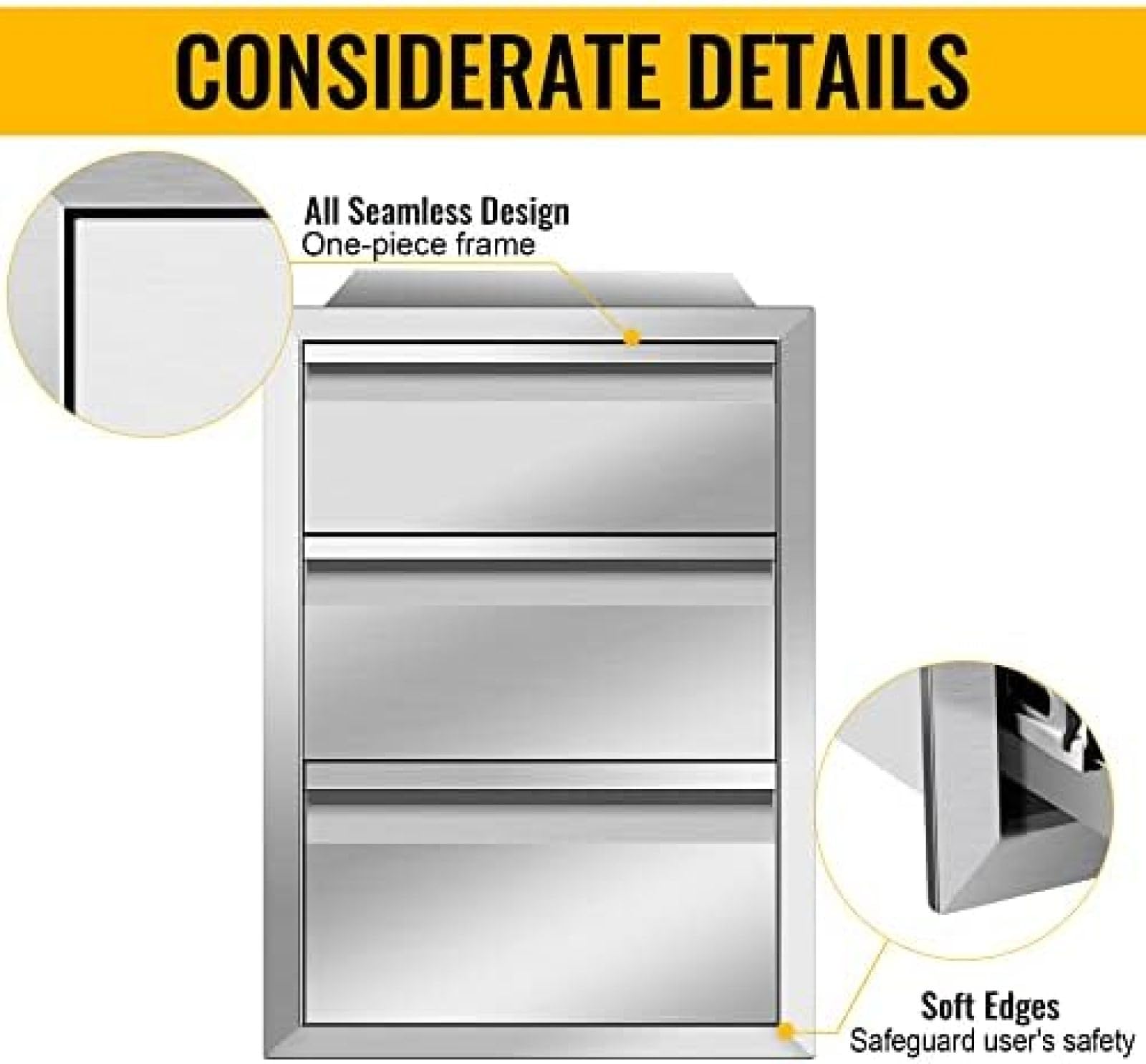 Stainless Steel Outdoor Kitchen Drawers - Triple Access Combo Flush Mount Island Drawers (16W x 21H x 23D Inch) - Perfect for BBQ Islands, Patio Cabinets & Outdoor Cooking Stations
