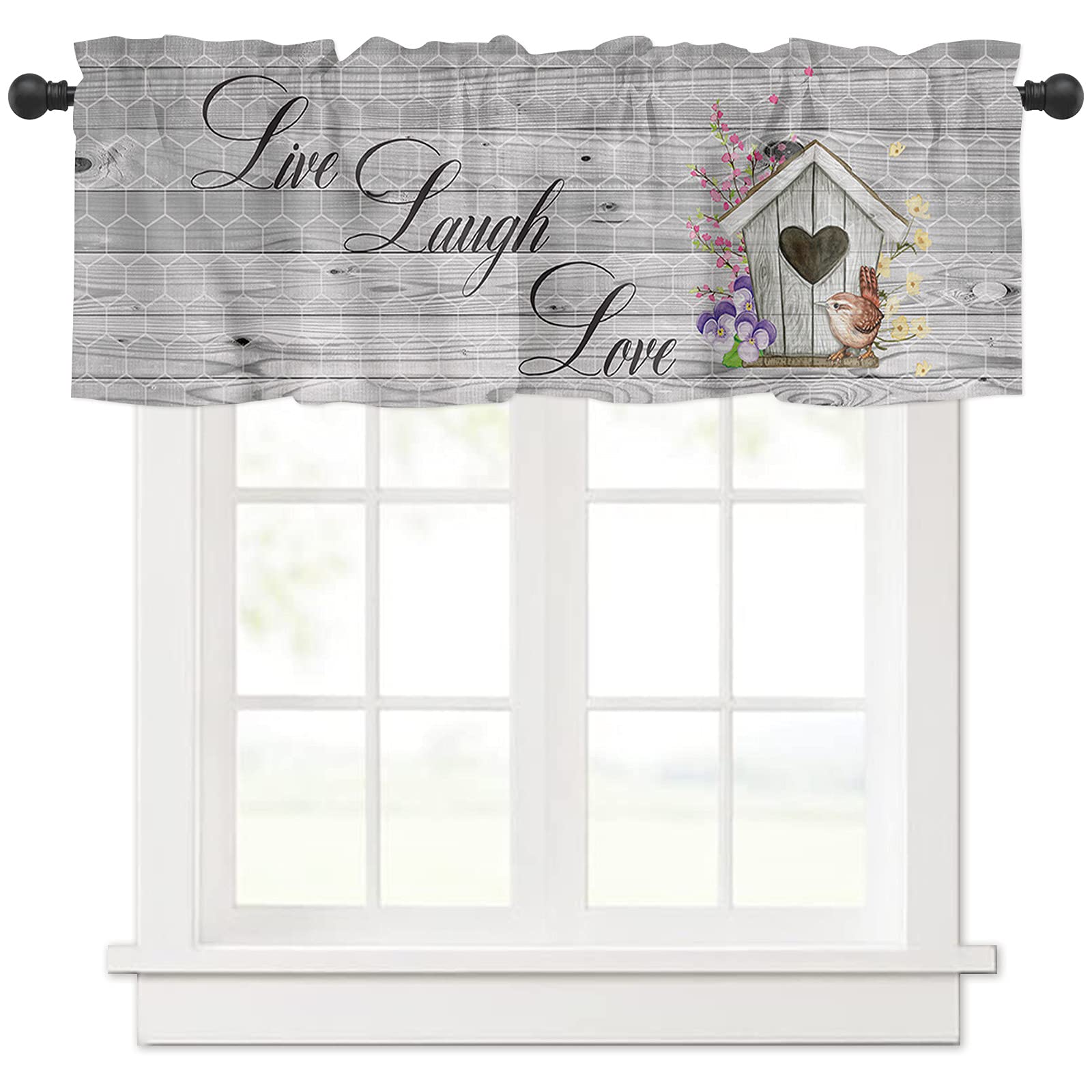 Window Valance Rod Pocket Short Curtain Panels - Bird & Floral Art Kitchen Valances in White Hexagon Vintage Wood Plank Design - Perfect for Living Room, Bedroom & Kitchen Window Treatments | Home Decor Drapes for Farmhouse & Cottage Style