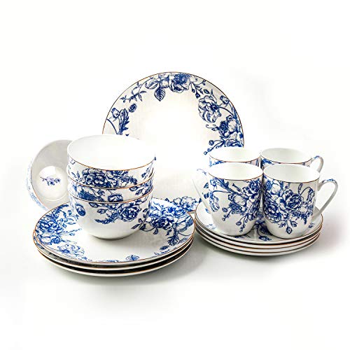 KOKEN 16-Piece Dinnerware Set for 4 - Elegant Bone China Plates, Bowls & Mugs - Microwave & Dishwasher Safe - Blue Rose Floral Design - Perfect for Daily Meals, Dinner Parties & Holiday Gatherings