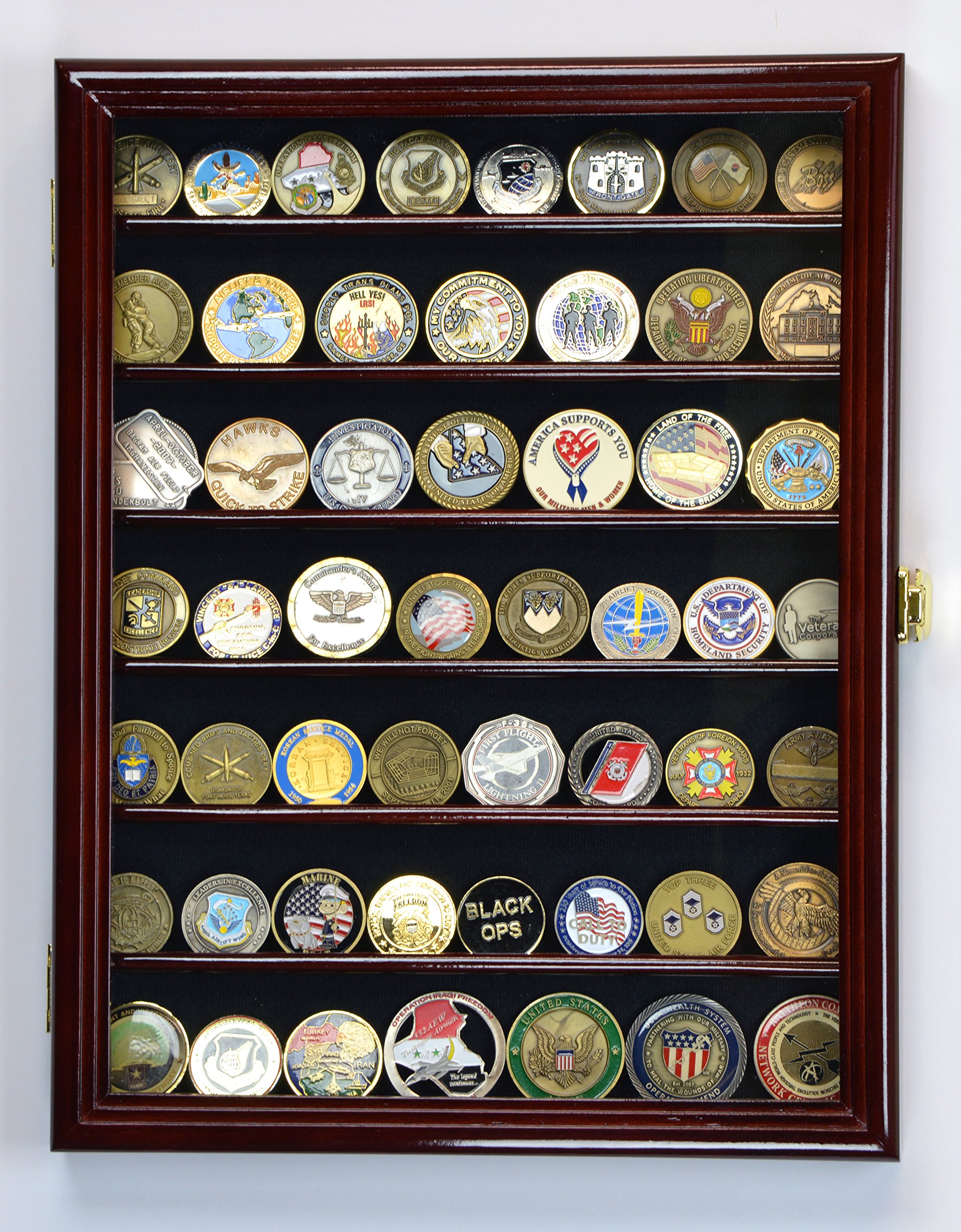 Military Challenge Coin Display Case - Cherry Wood Wall Cabinet with UV Protection & Lockable Rack for Collectors | Perfect for Home, Office, or Military Memorabilia Showcase