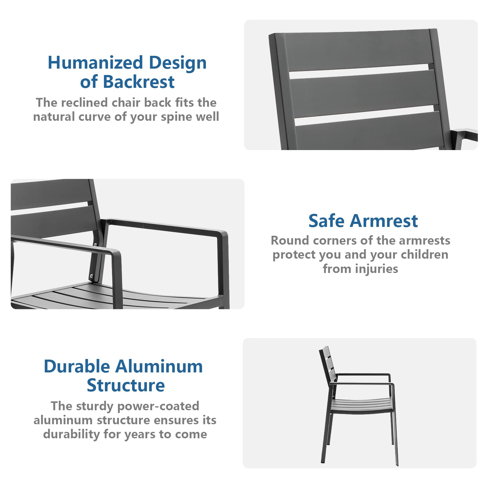 6 Pack Stackable Outdoor Dining Chairs - Aluminum Frame Patio Chairs with Wide Seats for Backyard, Garden & Poolside - Grey Weather-Resistant Armchairs for Outdoor Entertaining