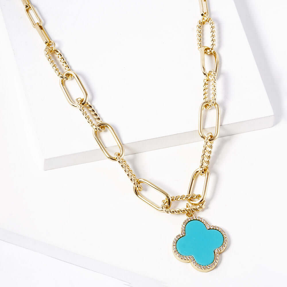 Turquoise Gold Dipped Quatrefoil Pendant Paperclip Chain Necklace - Elegant Dainty Jewelry for Women, Perfect for Everyday Wear, Gift Giving & Special Occasions