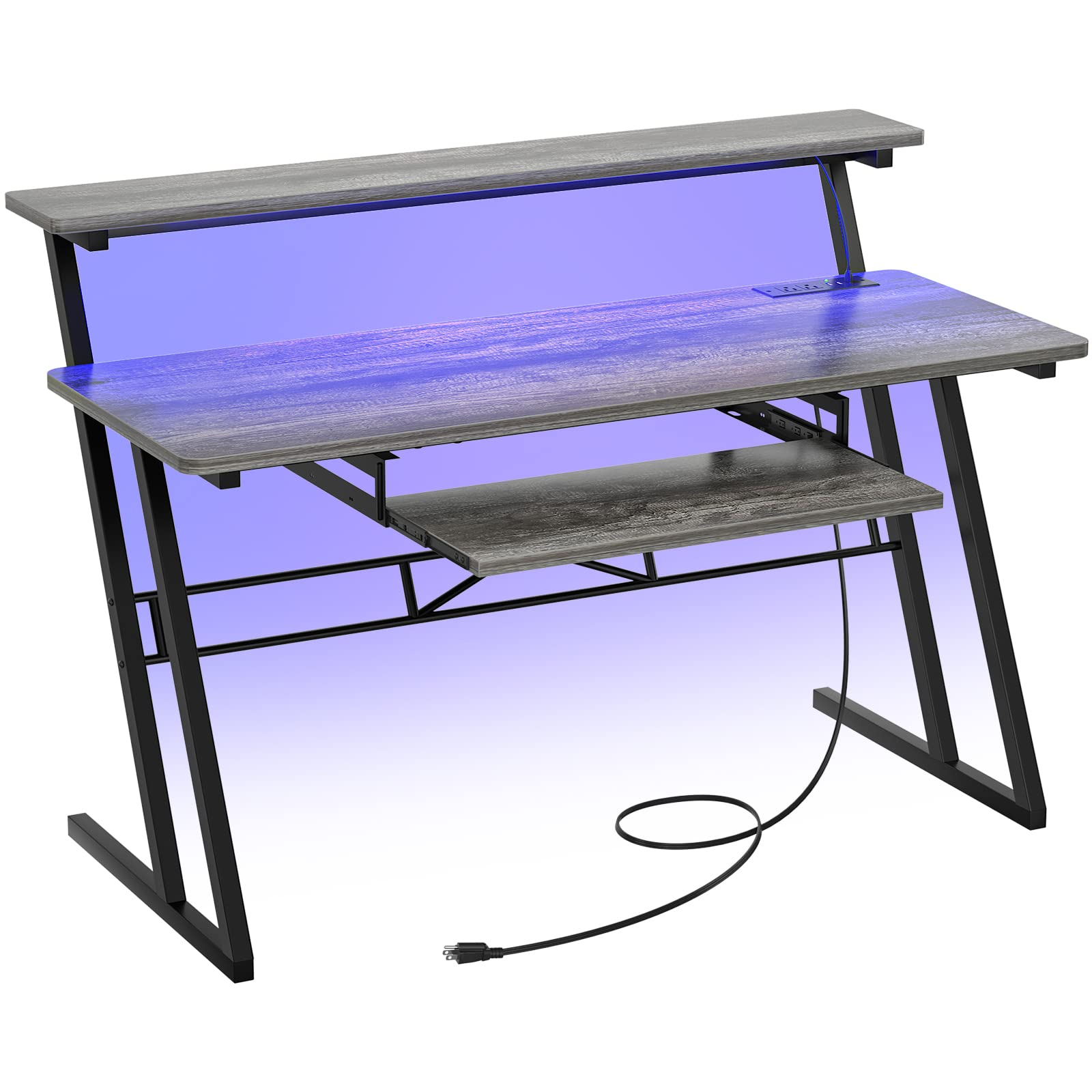 Armocity Music Studio Desk with Power Outlets & RGB LED Lights - Professional Recording Desk for Music Producers, Home Studio Workstation with Cable Management (Grey Oak) - Perfect for Home Studios, Podcasting & Music Production