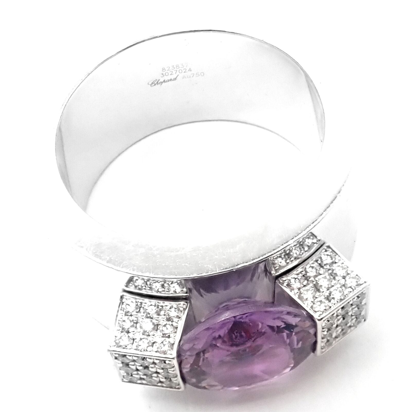 Authentic Chopard 18K White Gold Diamond Amethyst Wide Band Ring for Women - Luxury Wedding, Anniversary & Special Occasion Jewelry Gift