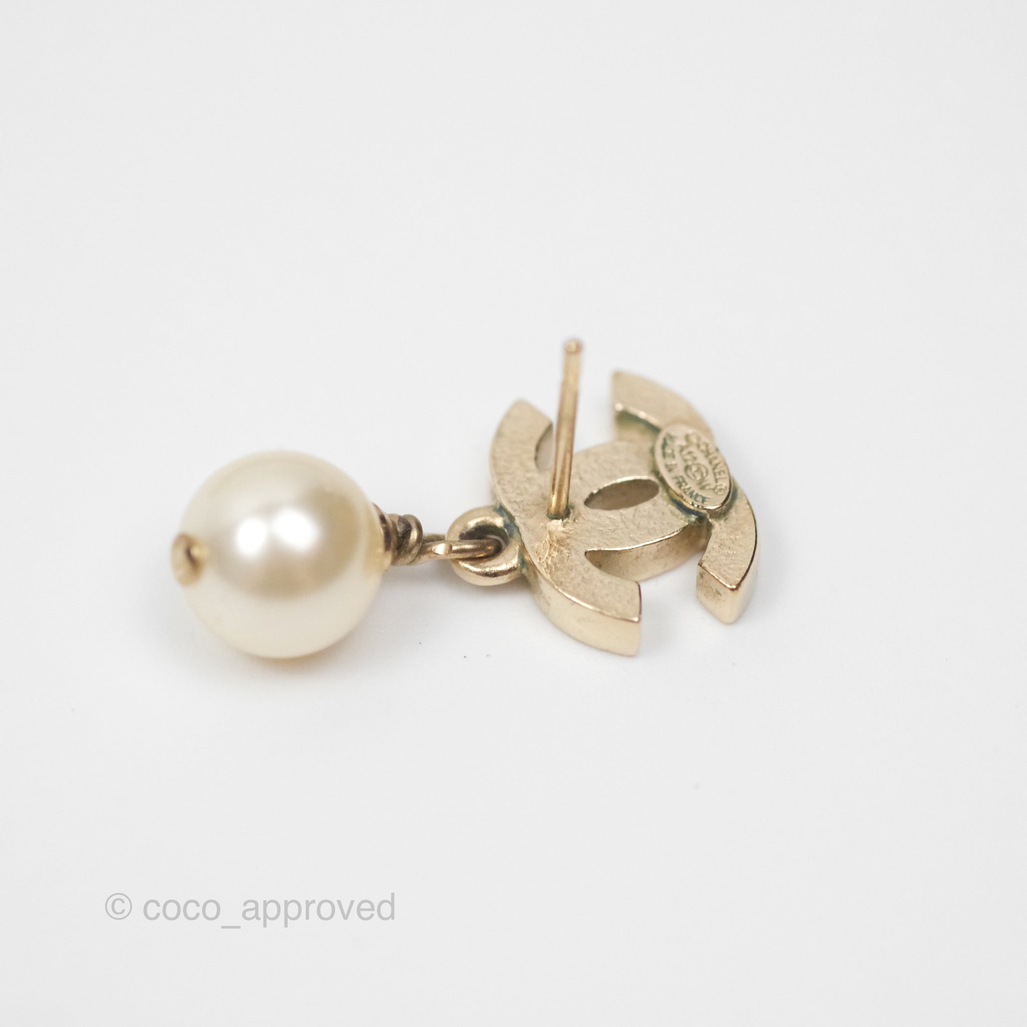 Chanel CC Pearl Drop Earrings - Gold Tone 12W Elegant Fashion Jewelry for Women | Perfect for Parties, Weddings & Special Occasions