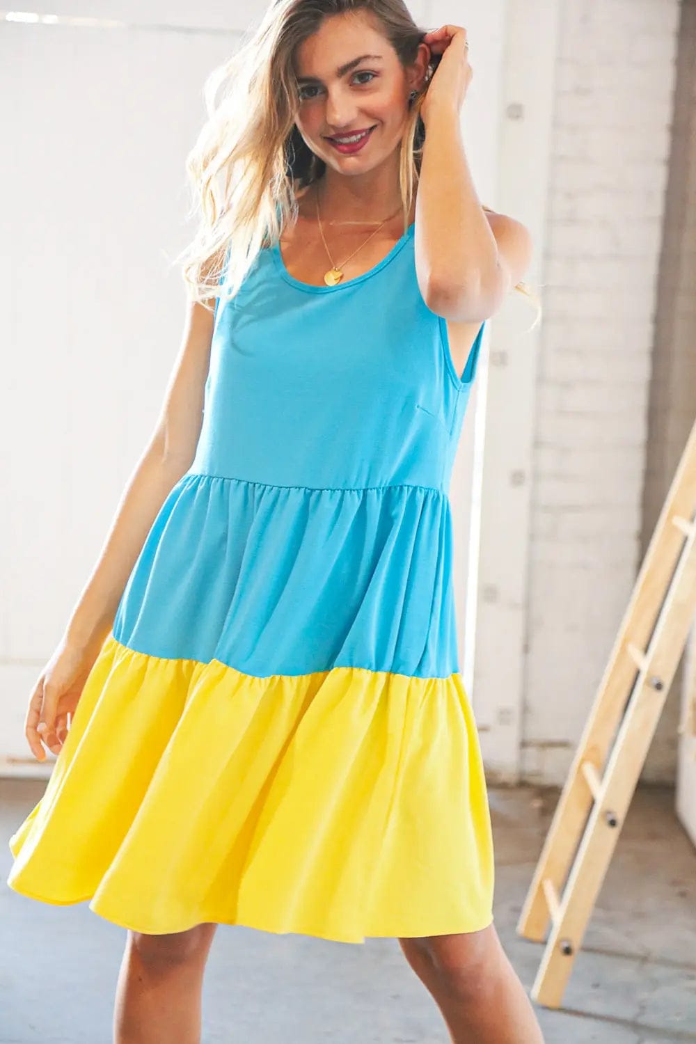 Blue Flare Color Block Tiered Woven Dress for Women - Summer Boho Maxi Dress with Pockets, Beach Wedding Guest Outfit, Vacation & Party Wear