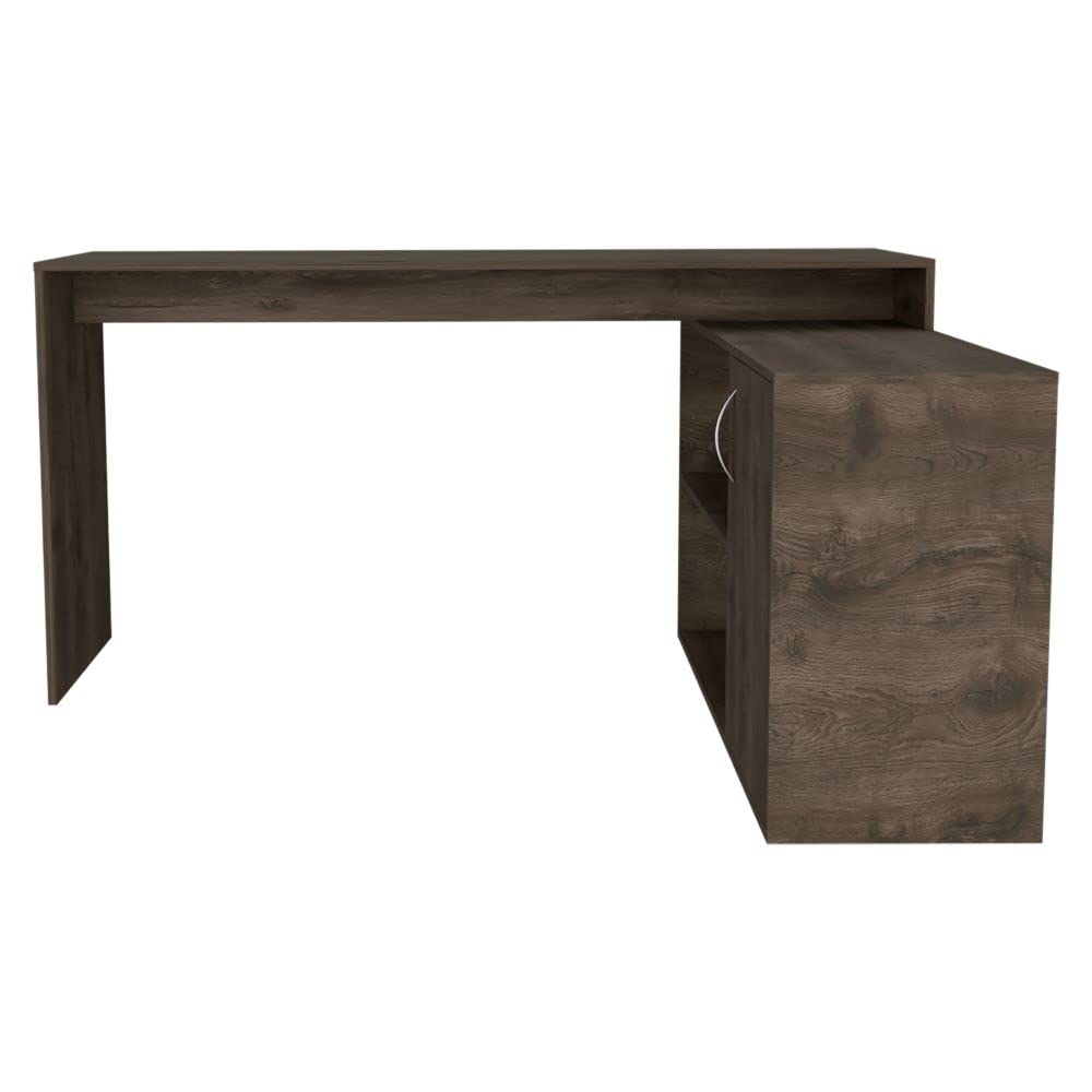 Tuhome Axis Modern L-Shaped Computer Desk with Open & Closed Storage, Dark Brown Home Office Desk for Gaming & Workstation Setup