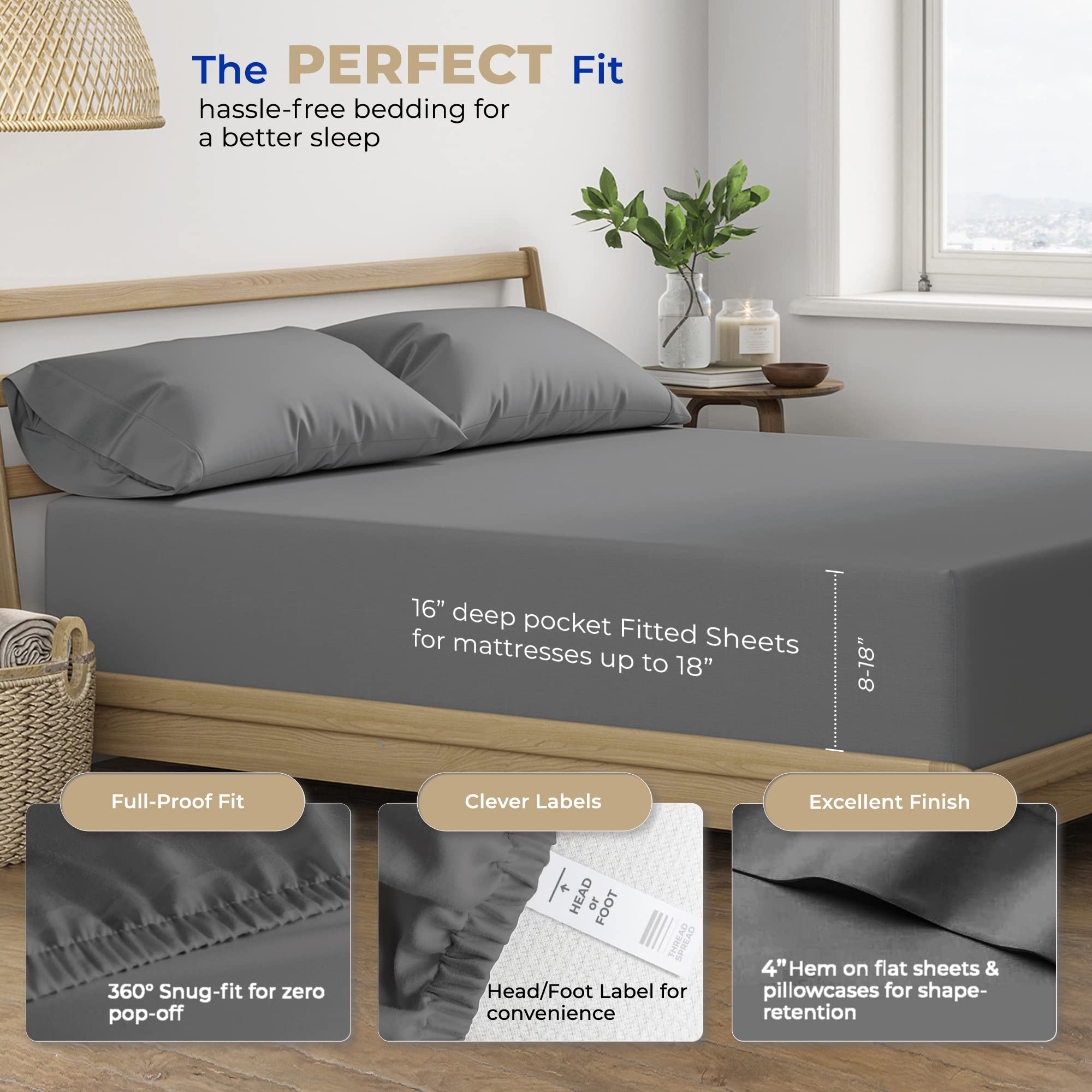 100% Cotton King Size Sheets Set - 400 Thread Count 4-Piece Bedding for King Bed | Deep Pocket Cooling Sheets for Hot Sleepers | Soft Breathable Luxury Bed Sheets (Dark Grey) | Perfect for Summer Nights & Temperature Regulation