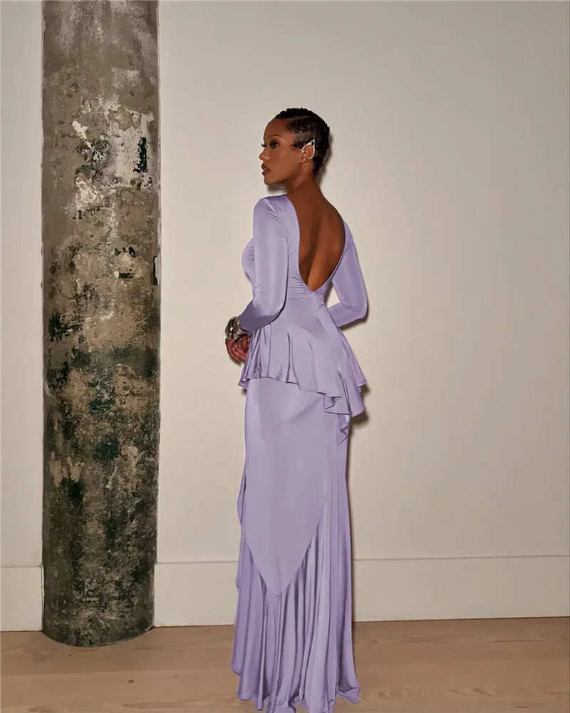 Sexy Backless Ruffled Maxi Dress for Women - Elegant O-Neck Long Sleeve Evening Gown with Thigh High Split | Perfect for Prom, Wedding Guest & Cocktail Parties