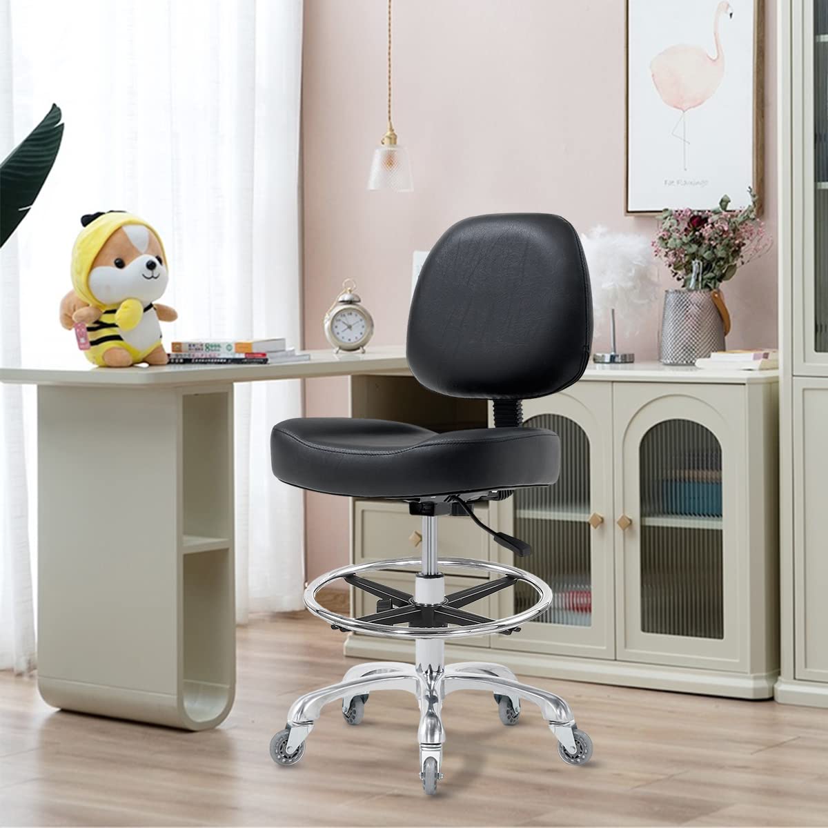 Ergonomic Drafting Chair for Standing Desk - Adjustable Height Office Stool with Backrest & Wheels, Rolling Stool for Estheticians, Salon, Studio & Workbench (Black with Footrest) - Perfect for Tattoo Artists, Hair Stylists & Home Office Workspaces