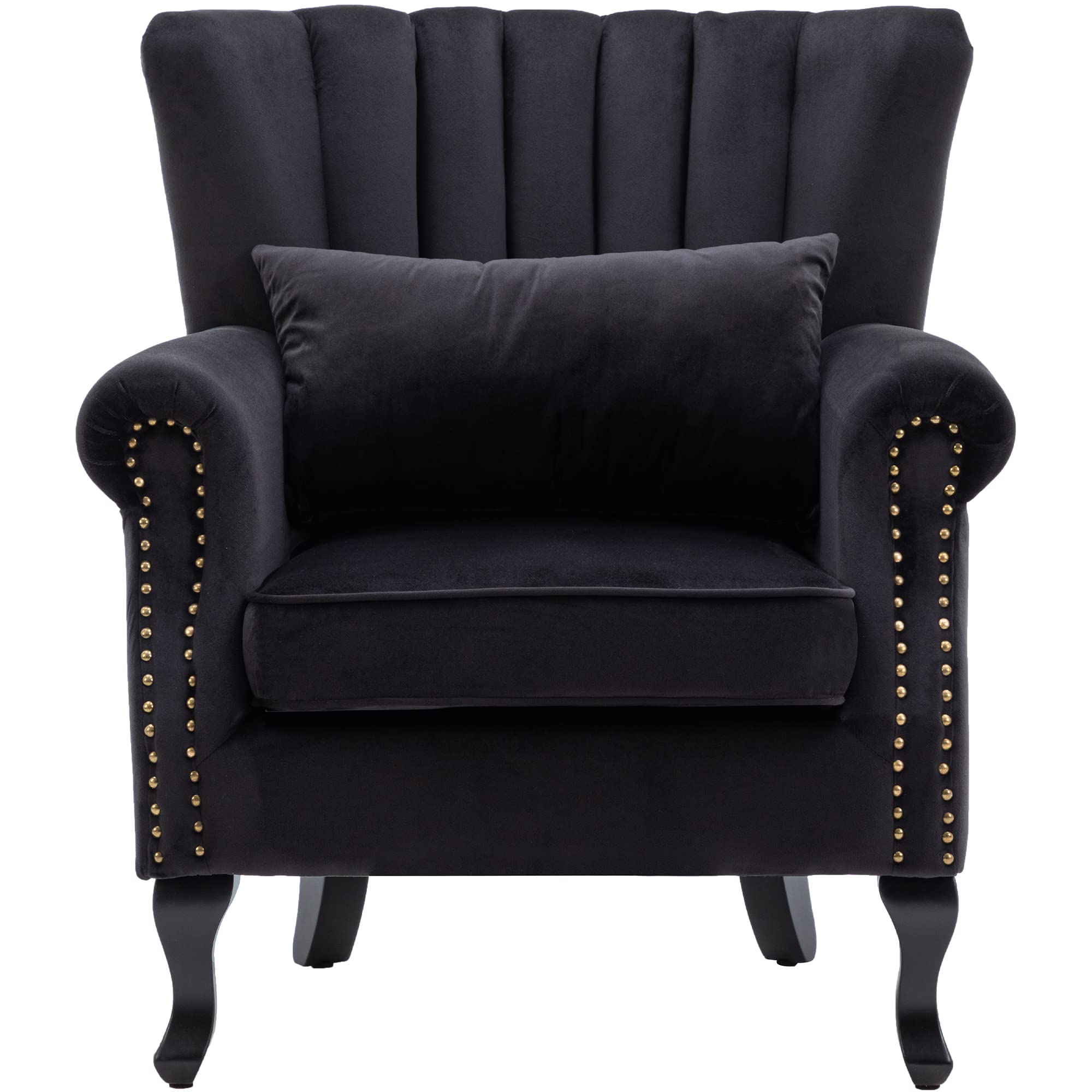 Mid-Century Modern Velvet Tufted Wingback Accent Armchair with Pillow - Stylish Lounge Chair for Living Room, Bedroom, or Office - Black