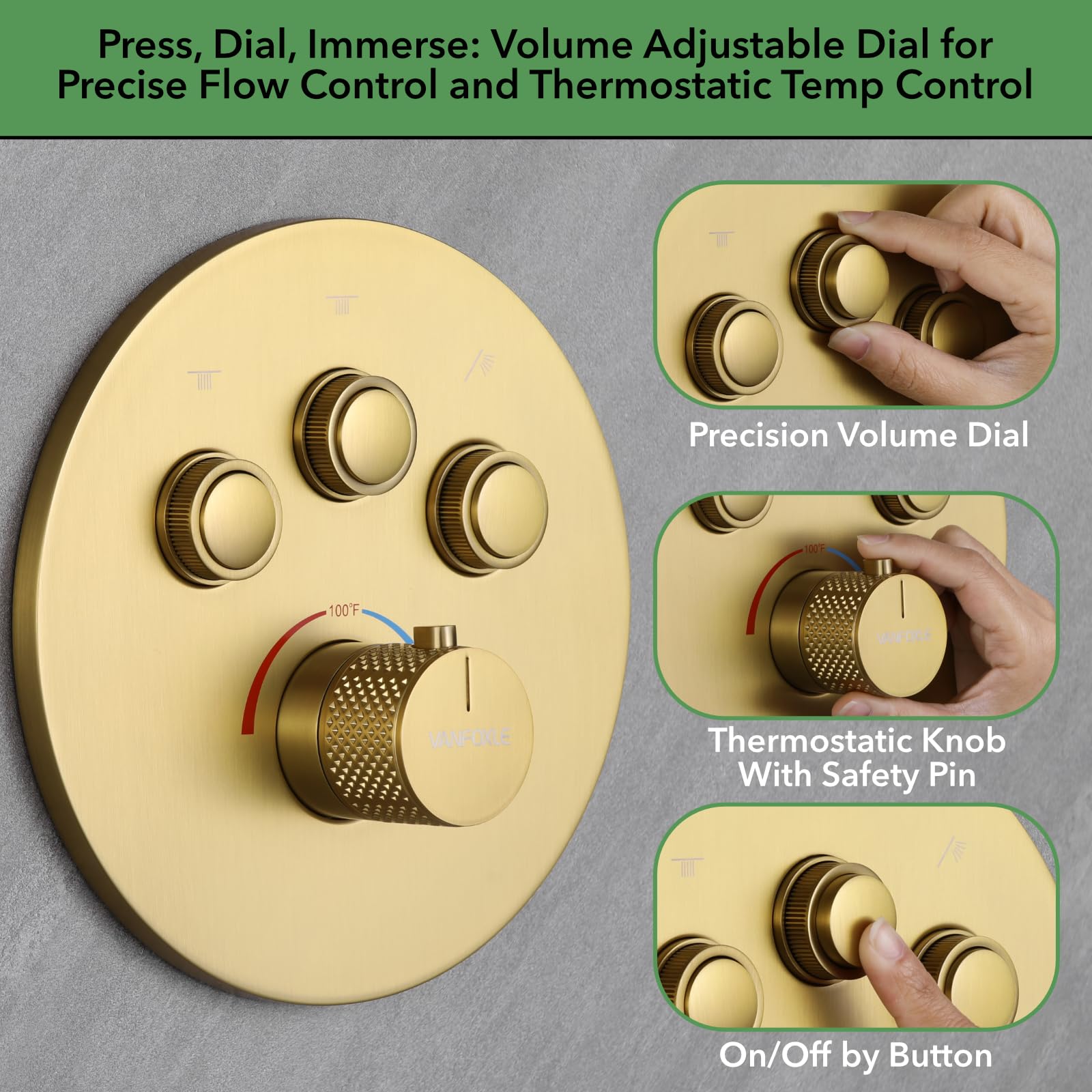 VANFOXLE Thermostatic Shower Faucet Set - Brushed Gold Shower System with Push Button Diverter, 2-in-1 Handheld Shower Head & 12 Inch Ceiling Mount Rain Shower Head - Perfect for Modern Bathroom Renovation and Luxury Spa Experience