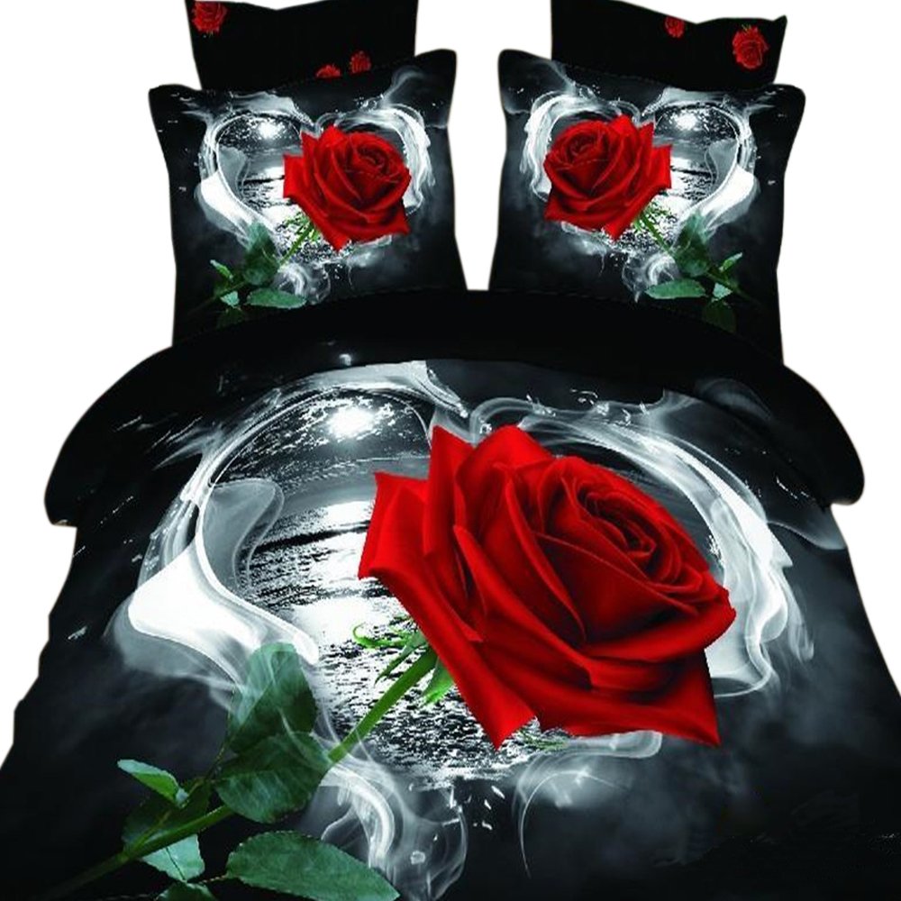 EsyDream 3D Oil Red Rose Black Background 100% Cotton Queen Size Bedding Set (1 Duvet Cover, 1 Flat Sheet, 2 Pillowcases) - Romantic Wedding Bedding for Couples, Luxurious Queen Size Bed Sheets for Girls & Women, Perfect for Master Bedrooms & Honeymoon Suites