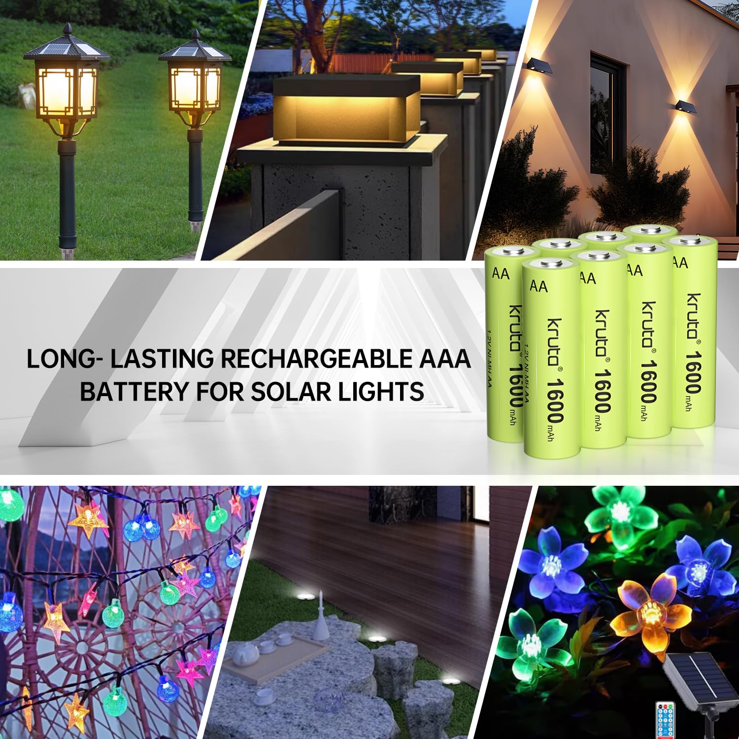 Kruta 8-Pack Ni-MH AA Rechargeable Batteries 1600mAh 1.2V - High Capacity Double A Batteries for Solar Lights, Outdoor Lighting, Garden Pathway & String Lights - Pre-Charged Ready to Use for Landscaping & Home Decor