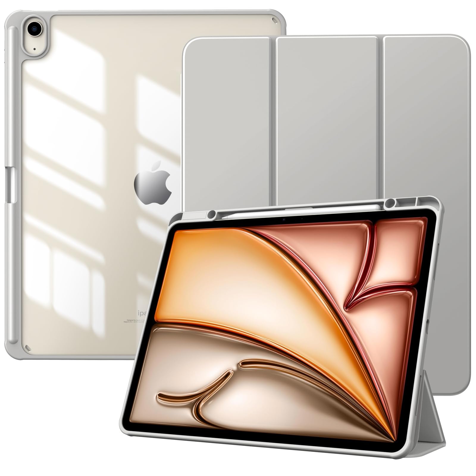 TiMOVO Slim Stand Protective Case for iPad Air 13 inch (M3/M2 2024/2025 Model) - Clear Transparent Back Cover with Pencil Holder & Auto Wake/Sleep - Light Gray | Perfect for Work, Study & Travel Protection