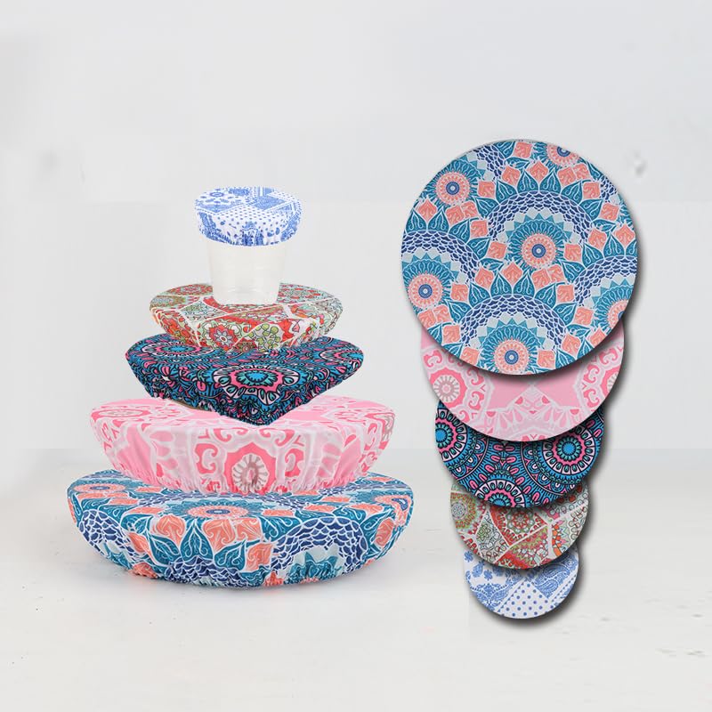 10Pcs Reusable Stretch Bowl Covers - 5 Sizes Elastic Food Covers for Kitchen Storage, Leftovers, Fruits, Bread Dough Proofing (Bohemian Style) | Eco-Friendly Dish Lids for Meal Prep & Food Preservation