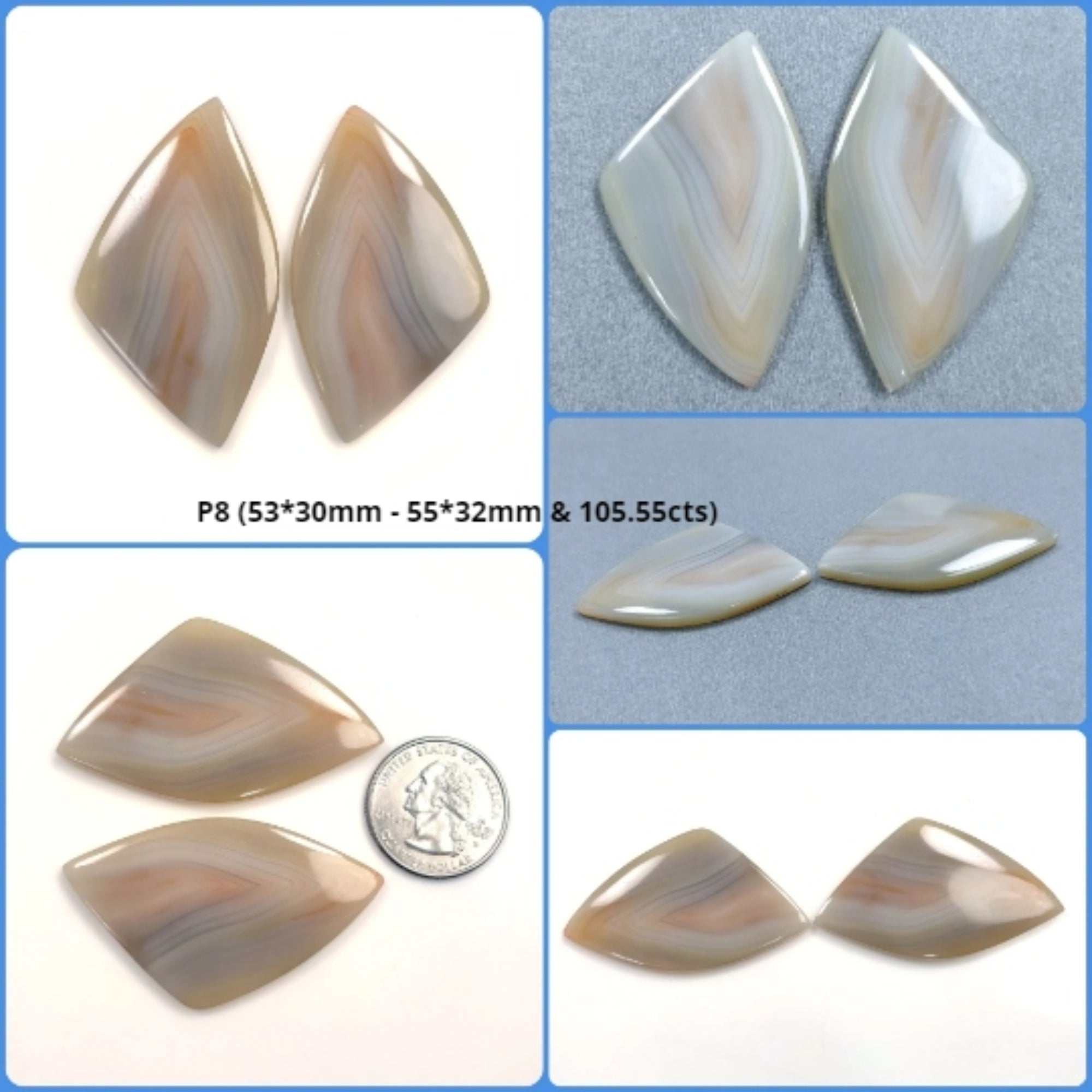 Natural Untreated Botswana Agate Gemstone Cabochon - Bi-Color Agate Trillion & Unique Shape Pair (2pcs) for Jewelry Making, Wire Wrapping & Healing Crystal Collection