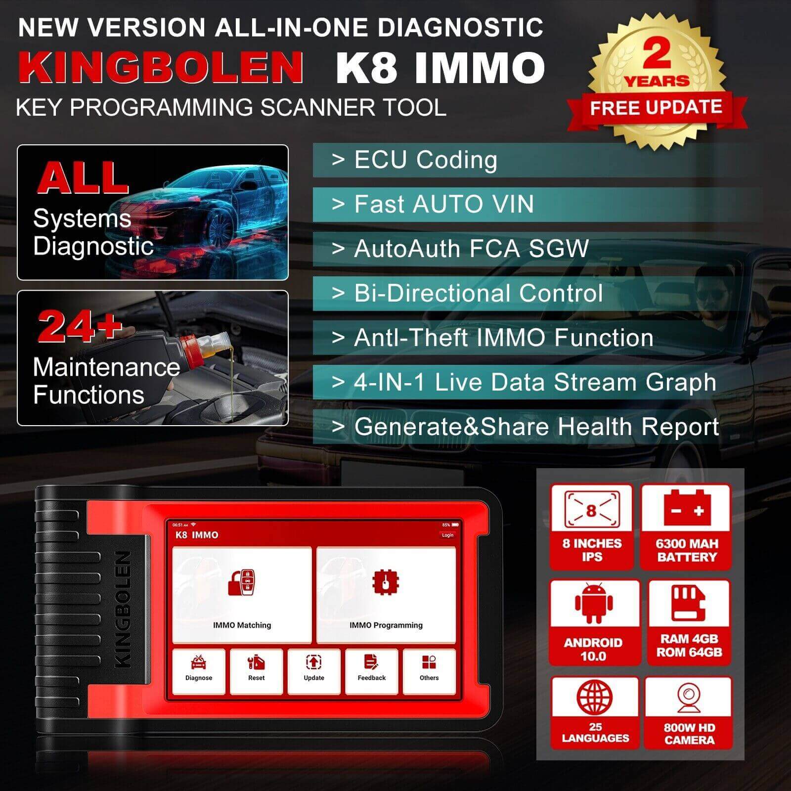 2025 KINGBOLEN K8 IMMO All System Car Diagnostic Tool - OBD2 Scanner with Key Programming, ECU Coding & Anti-Theft Functions | 24 Reset Services + 2 Years Free Updates | Perfect for Auto Repair Shops & DIY Mechanics