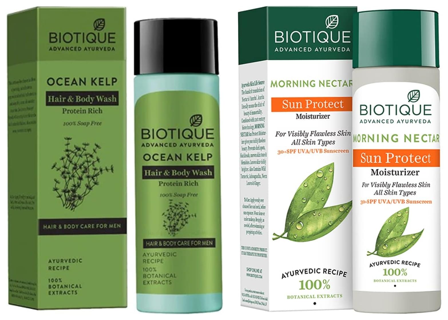 Biotique Bio Sea Kelp Protein Hair and Body Wash for Men - 120ml Natural Shampoo & Body Cleanser | Biotique Morning Nectar Sun Protect Moisturizer Lotion SPF - 120ml Face Cream for All Skin Types | Daily Hydration & UV Protection for Healthy Skin & Hair Care Routine