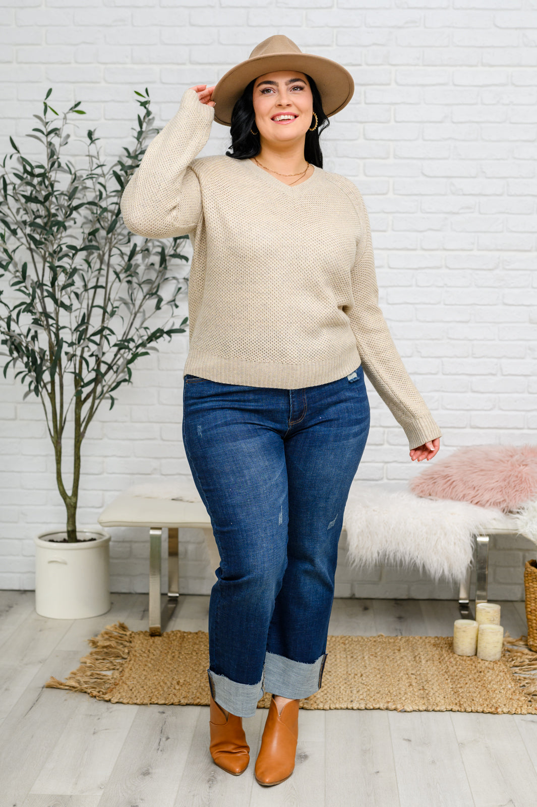 Cozy Oatmeal Chai Latte V-Neck Sweater for Women | Soft Knit Pullover | Perfect for Fall & Winter Layering, Casual Outfits, and Coffee Dates