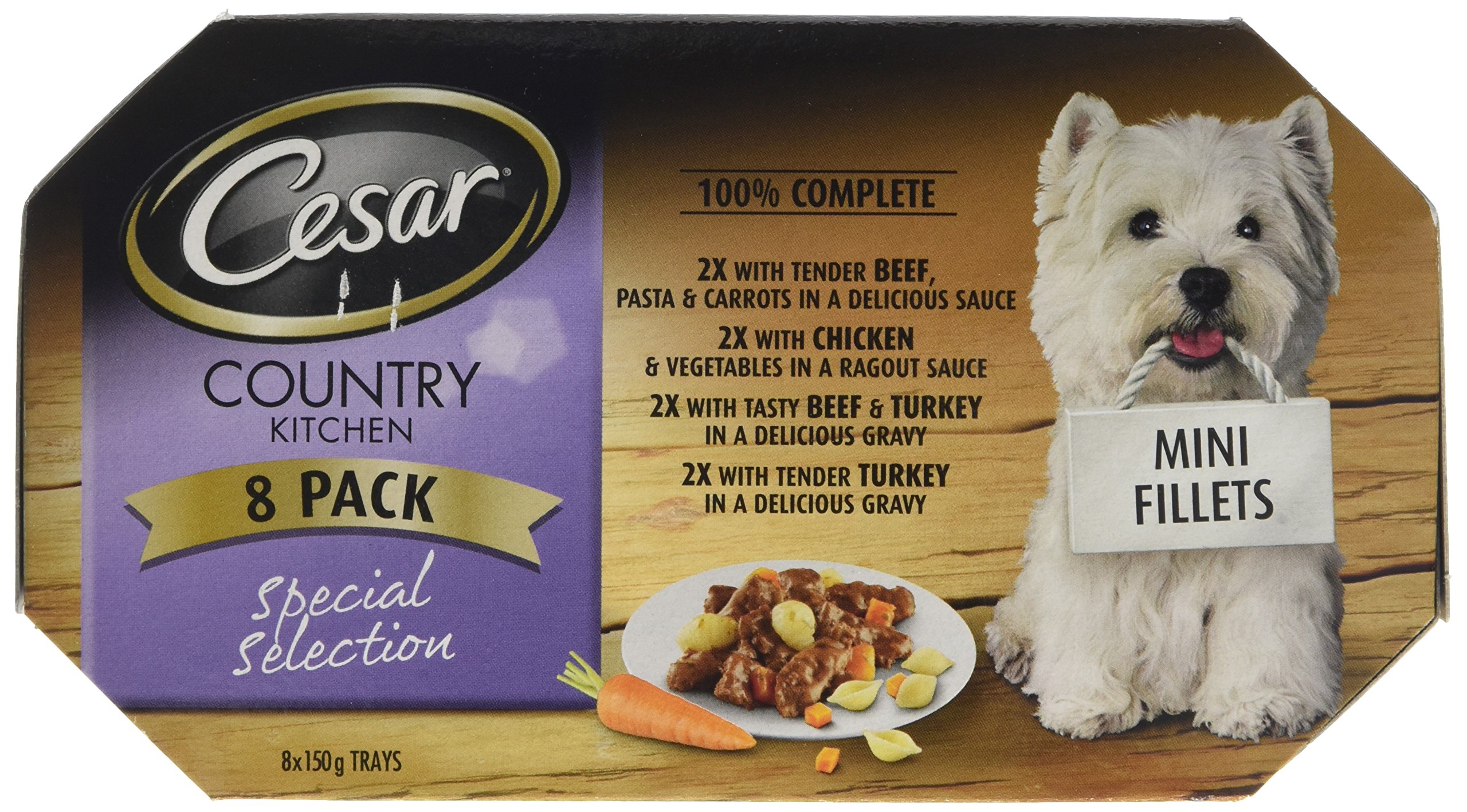 Premium Cesar Tray Country Kitchen Favorites Dog Food - 8 x 150g (Pack of 2, Total 16 Trays) - Grain-Free Wet Dog Food for Small & Medium Breeds - Perfect for Mealtime, Training Rewards & Travel Feeding