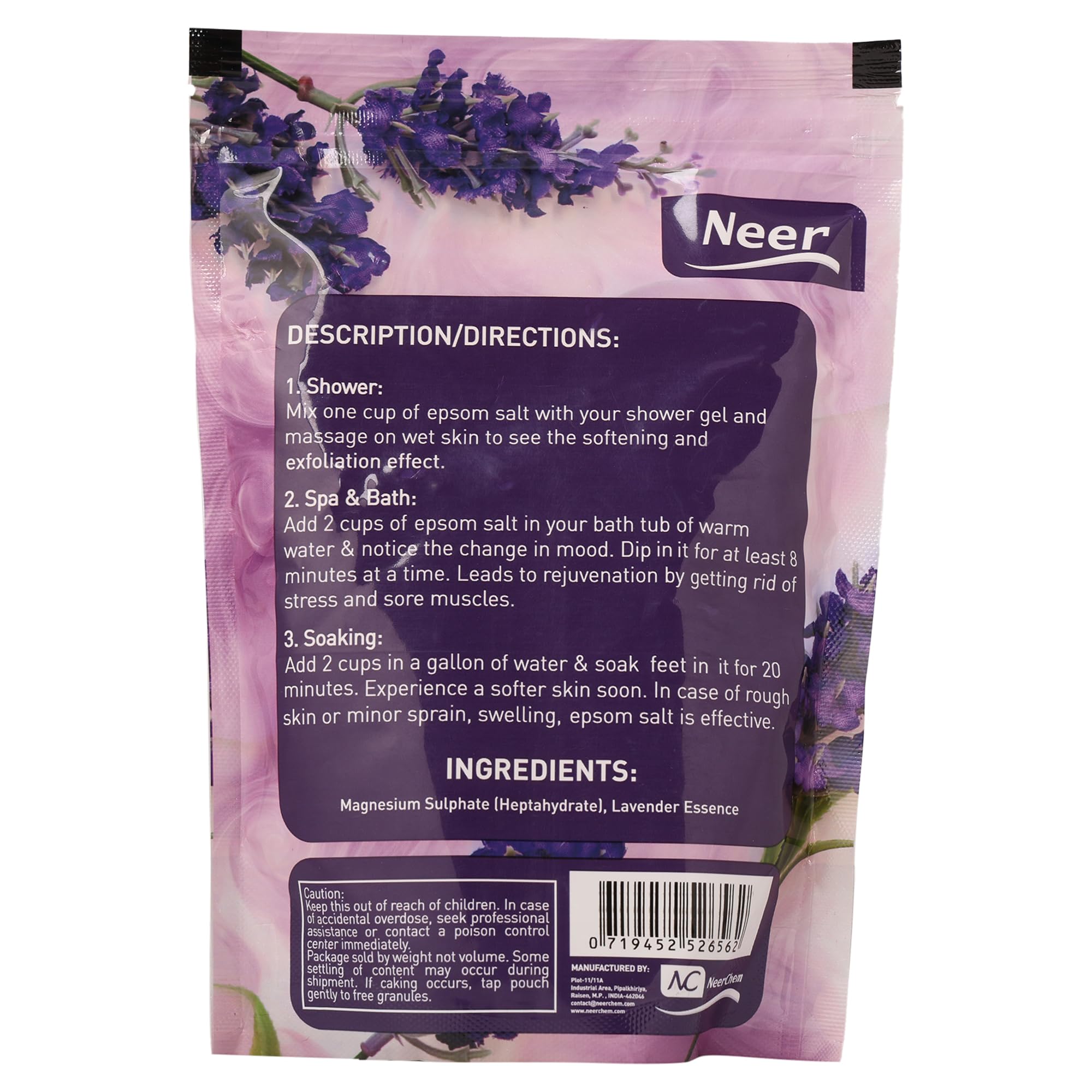 NEERCHEM Lavender Epsom Salt Crystals - 16oz (454g) Pure Magnesium Sulfate for Relaxation, Muscle Recovery & Stress Relief | Perfect for Bath Soak, Foot Soak & Aromatherapy Spa at Home