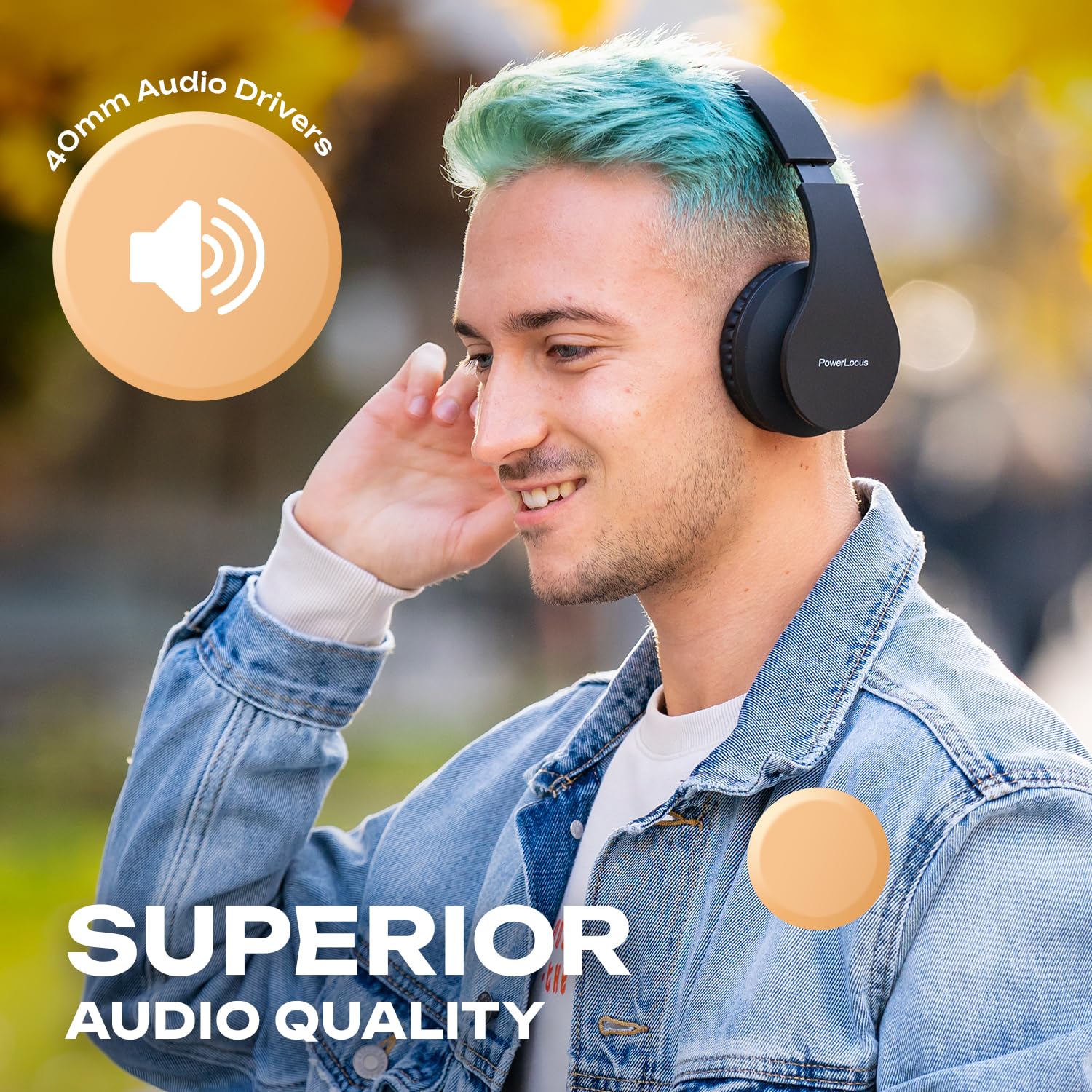 PowerLocus Wireless Bluetooth Over-Ear Headphones with Noise Cancelling, Foldable Stereo Headset with Built-in Mic for iPhone, Samsung, LG, iPad - Perfect for Travel, Work & Gaming (Black)