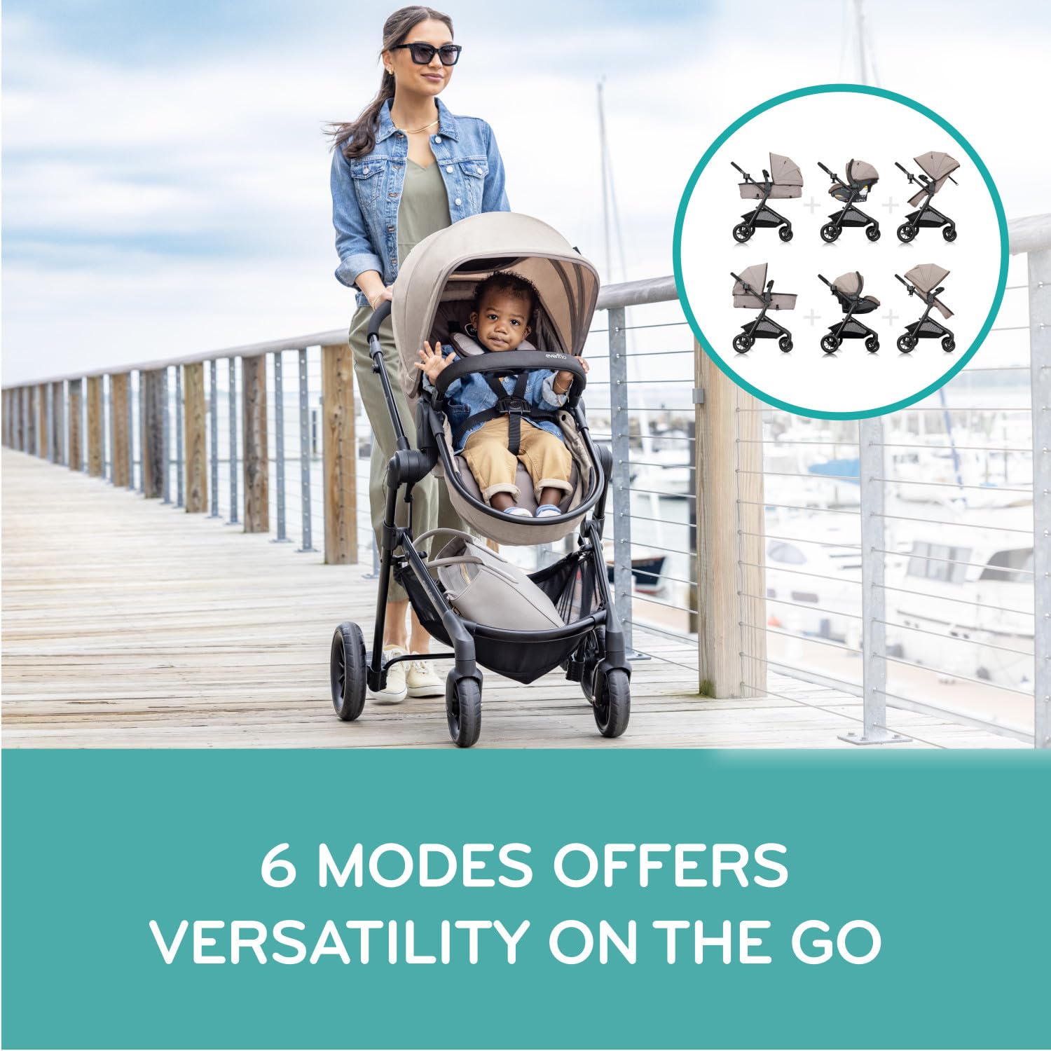 Evenflo Pivot Modular Travel System with LiteMax Infant Car Seat - Anti-Rebound Bar Safety Feature | Desert Tan Stroller & Car Seat Combo | Perfect for Newborns, Travel & Daily Use