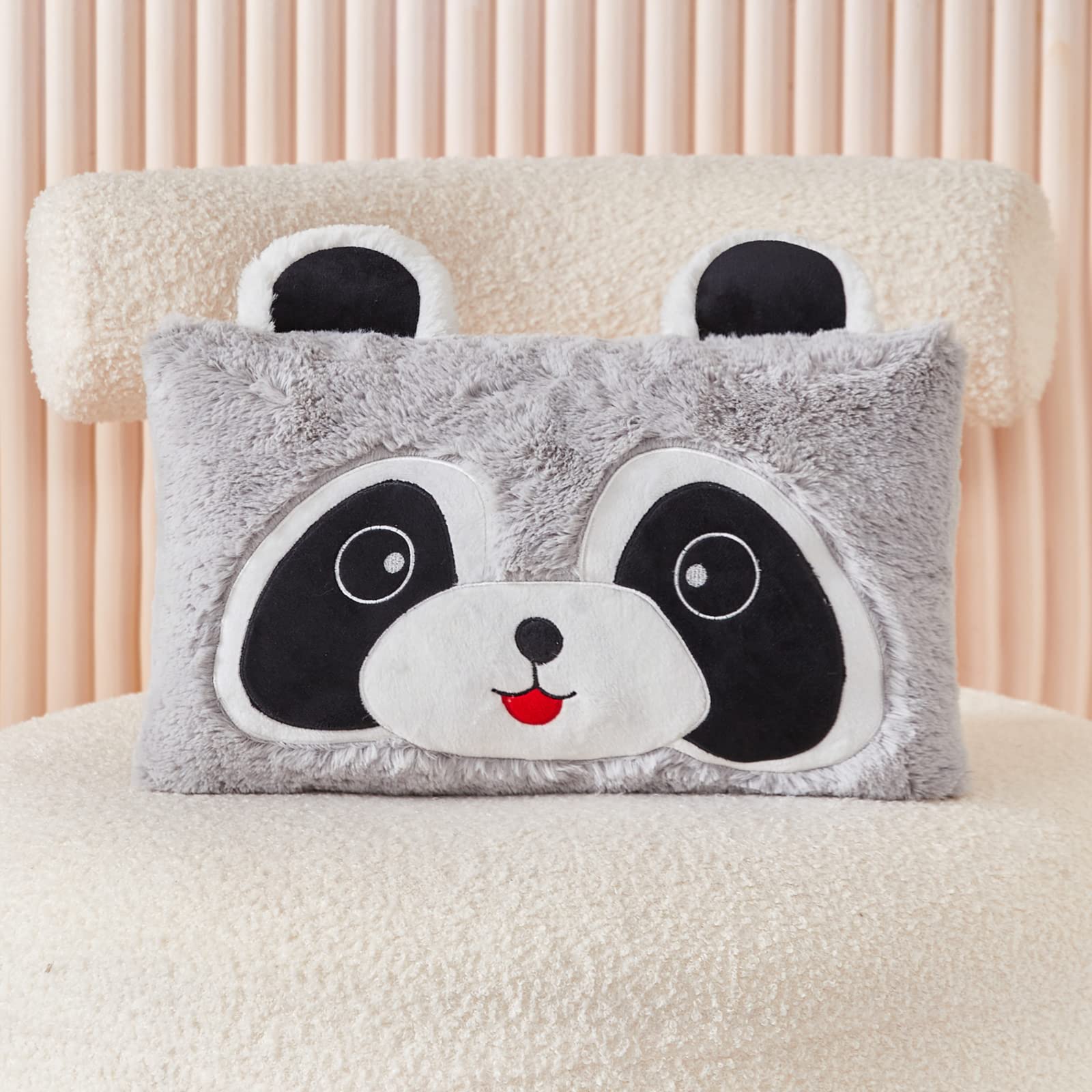 Soft Plush Raccoon Stuffed Animal Lumbar Pillow for Kids & Adults - 10x16 Inch Grey Cuddle Throw Pillow - Perfect for Sofa, Bed, Nursery & Travel Comfort