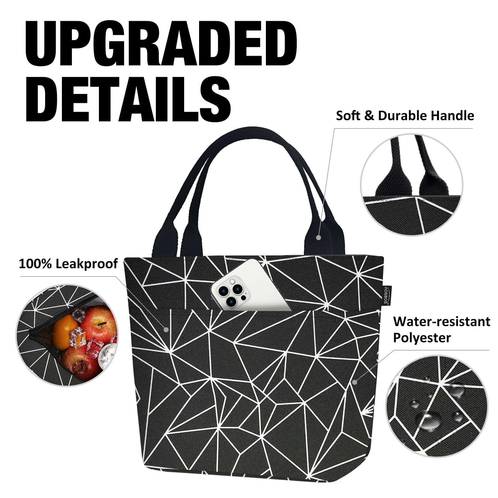 Aosbos Large Insulated Lunch Bag for Women - Leakproof Lunch Box & Food Organizer Tote - Black Prism - Perfect for Office, School, Picnics & Travel