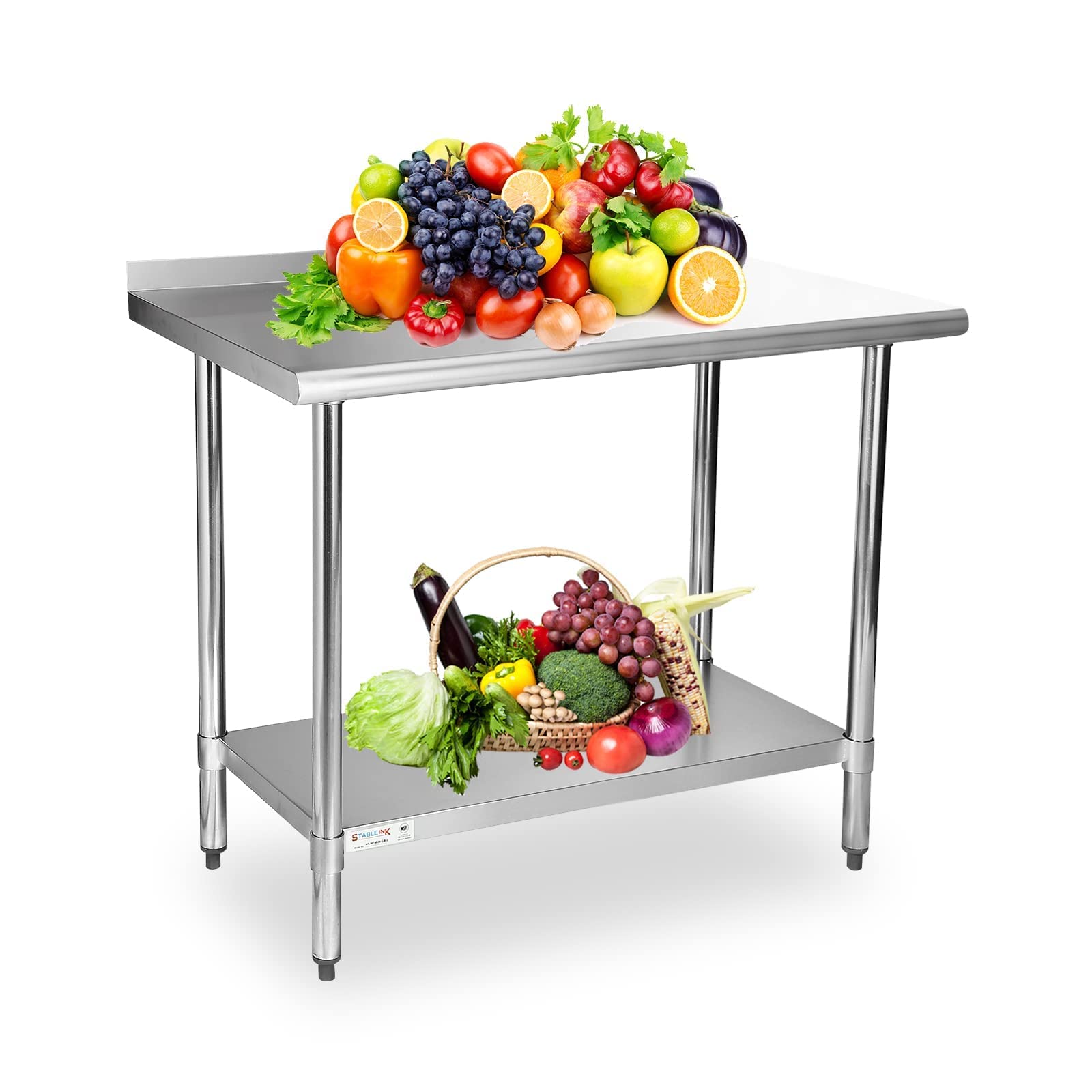 STABLEINK NSF Certified Stainless Steel Work Table 24x36 Inches - Commercial Kitchen Prep Table with Adjustable Undershelf & Foot, Backsplash - Heavy Duty Restaurant Equipment for Food Preparation, Cooking & Baking