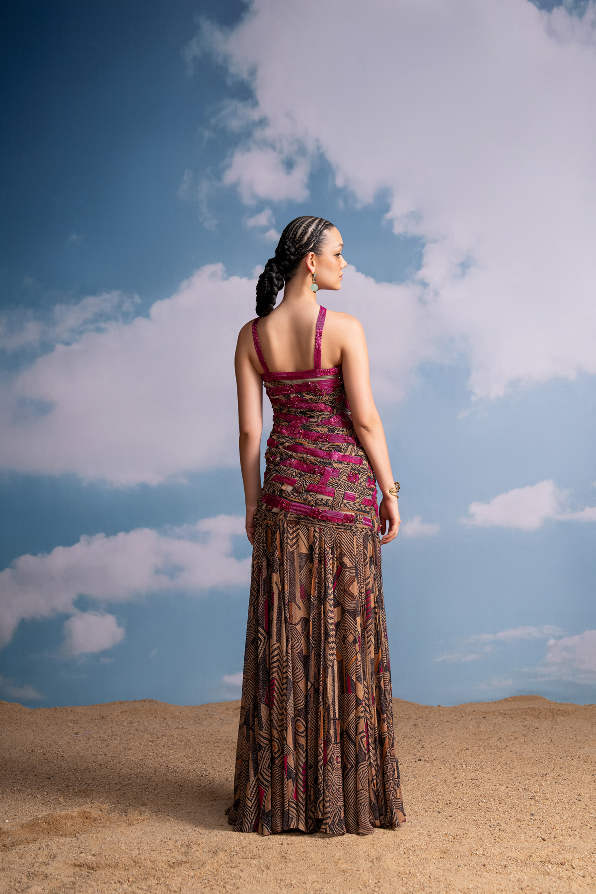 Fuchsia Geometric Print Braided Dress with Beaded Hand Embroidery - Elegant Boho Chic Maxi Dress for Women, Perfect for Summer Weddings, Beach Vacations & Special Occasions