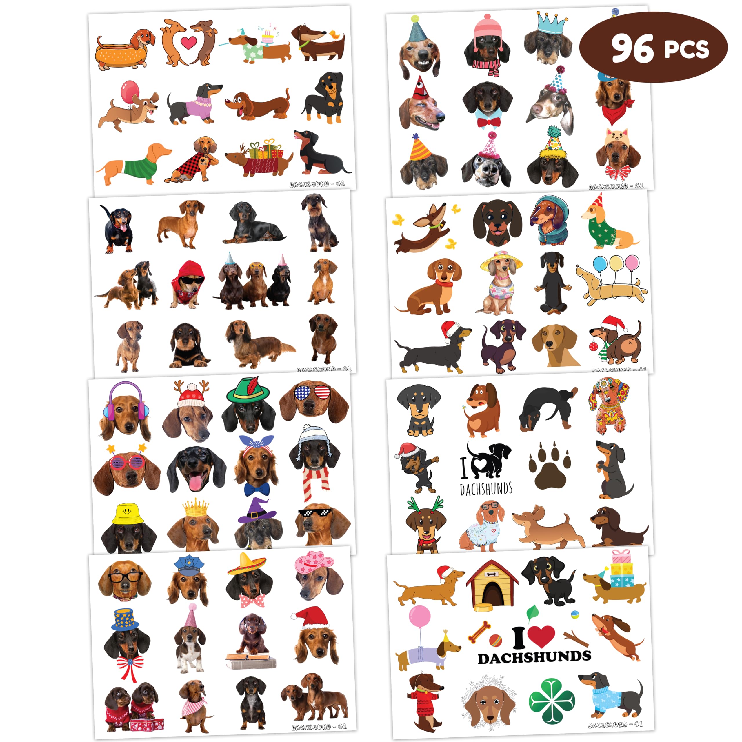 96 PCS Dachshund Dog Tattoos & Stickers - Funny Wiener Dog Party Supplies for Kids Birthday, Baby Shower, Pet Lover Gifts - Waterproof Temporary Tattoos & Decorative Stickers for Scrapbooking, DIY Crafts
