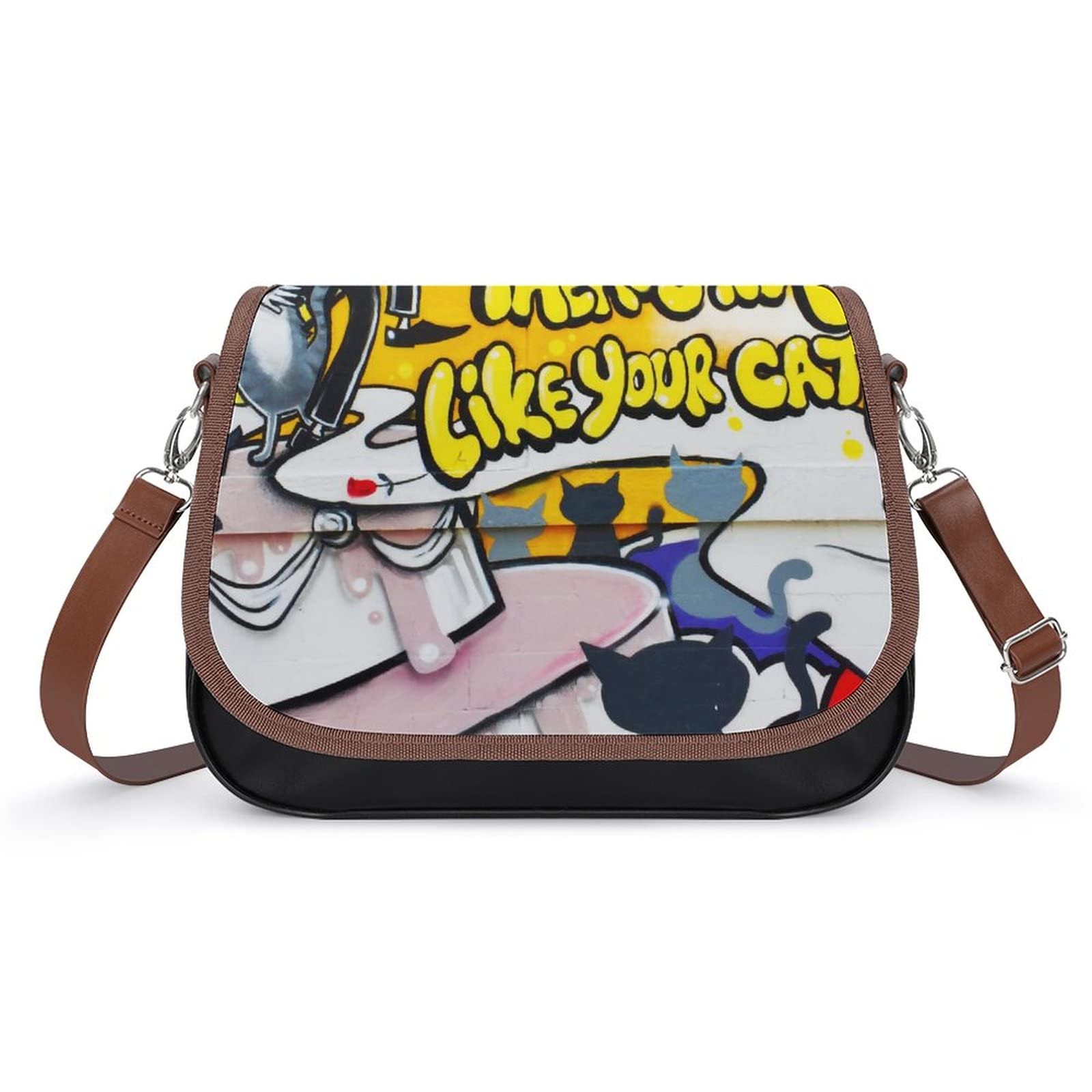 Stylish Printed Leather Shoulder Crossbody Bag for Women - Medium Hobo Satchel with Top Handle, Cute Cat Love Doodle Design - Perfect for Work, Travel & Everyday Use
