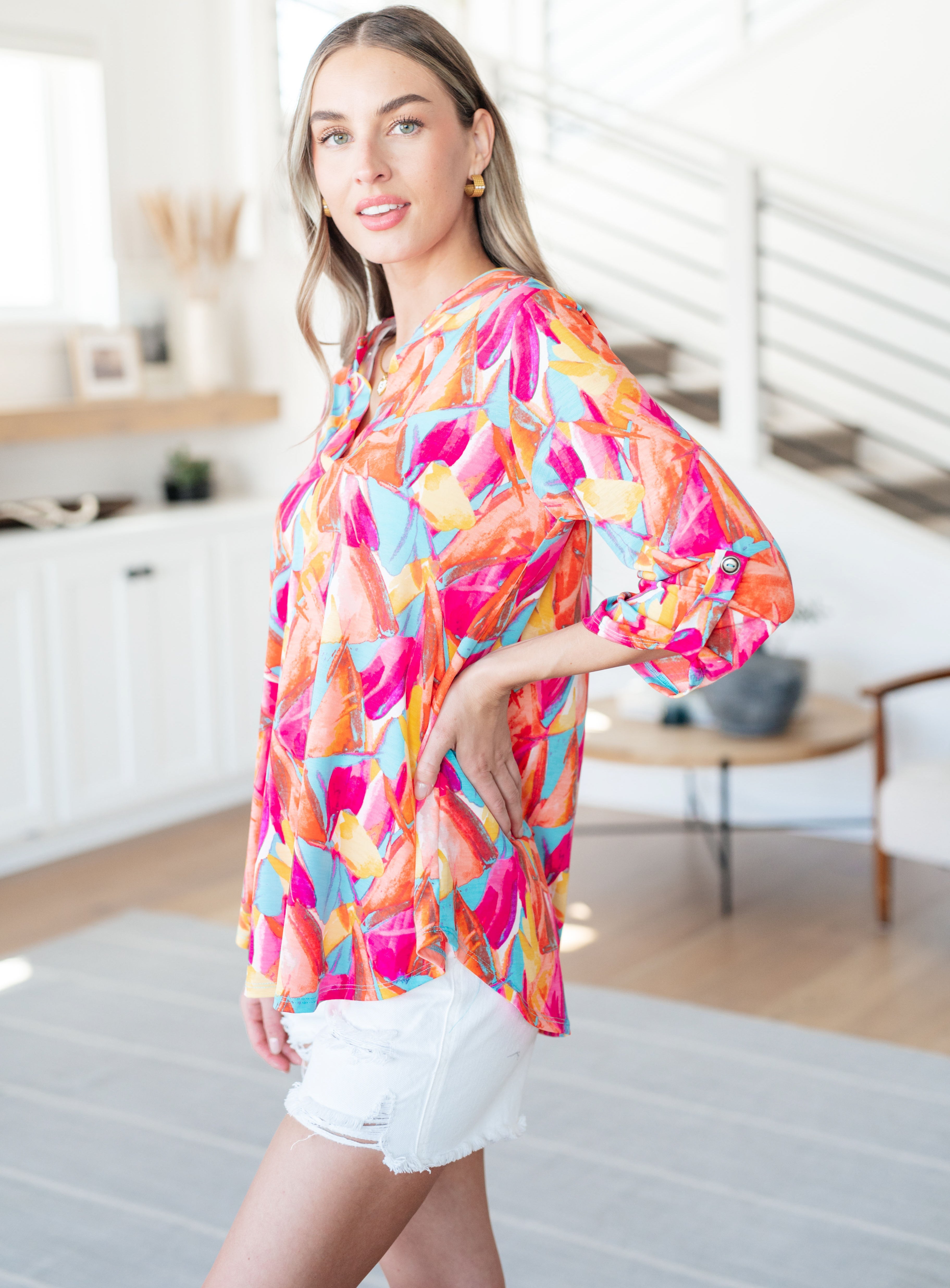 Lizzy Women's Teal & Hot Pink Abstract Fan Print Top - Stylish Casual Blouse for Summer Outings, Beach Vacations & Date Nights