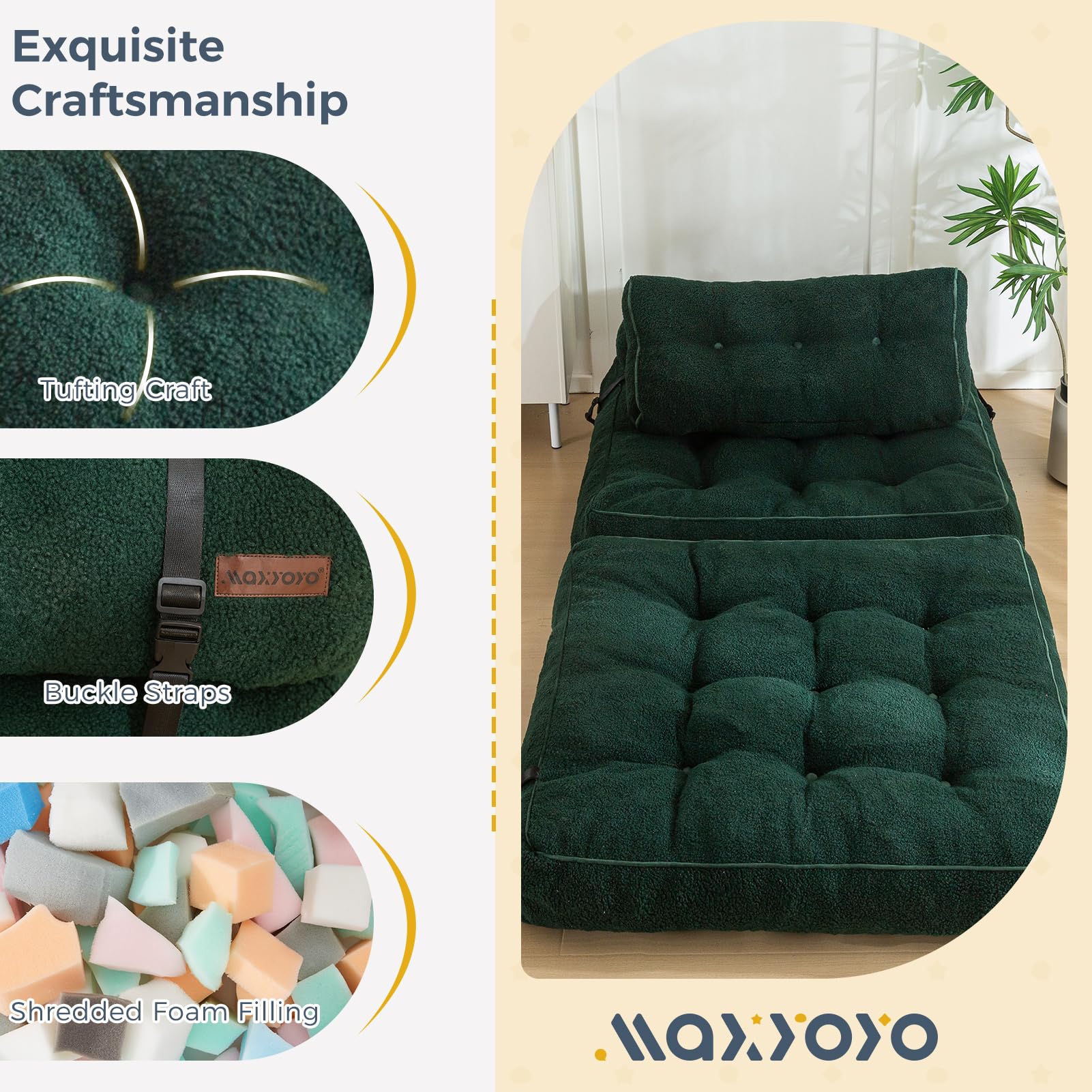 MAXYOYO Fuzzy Folding Sofa Bed - Convertible Sleeper Chair with Pillow & Foldable Mattress - Back Support for Comfort - Green Futon for Small Spaces - Perfect for Guest Room, Dorm, Apartment & Office Use