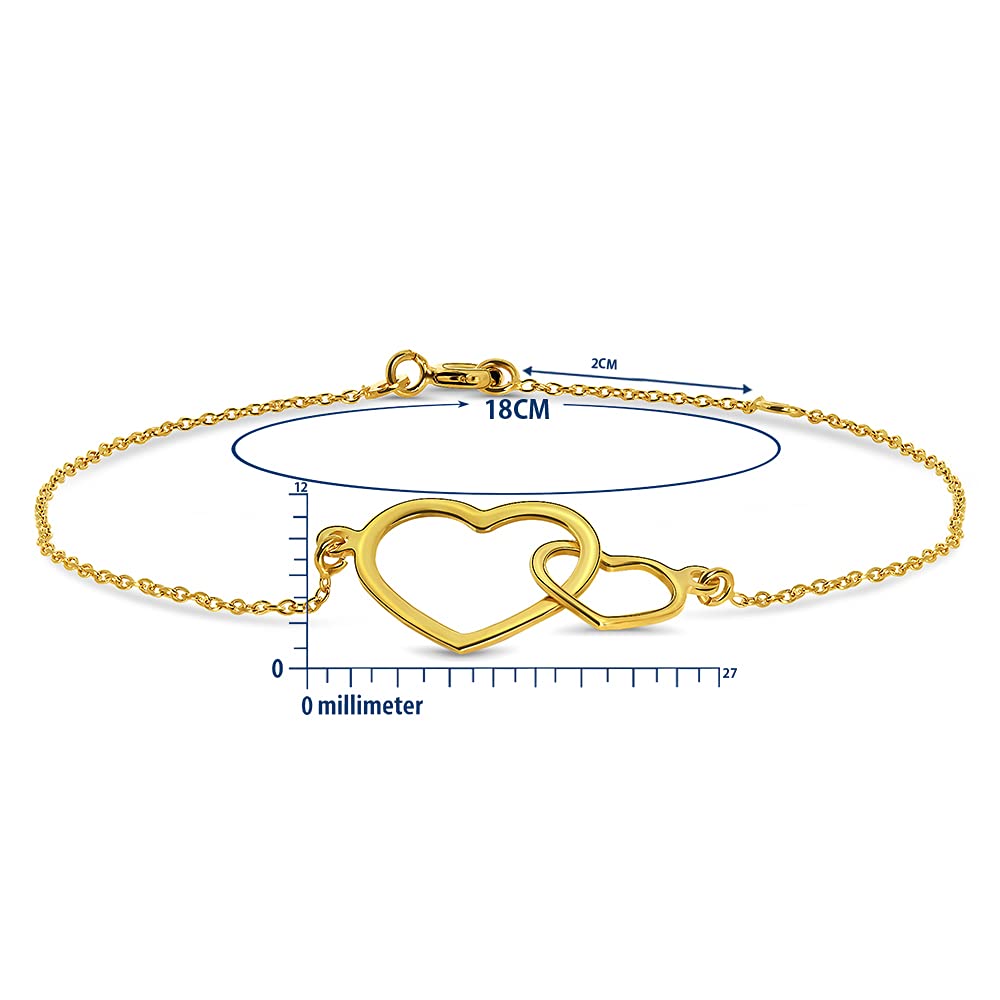 MIORE Women's Bracelet with Pendant - Elegant 9K Yellow Gold Double Heart Charm Bracelet, 18 cm Jewelry for Women | Perfect Gift for Anniversary, Valentine's Day & Special Occasions