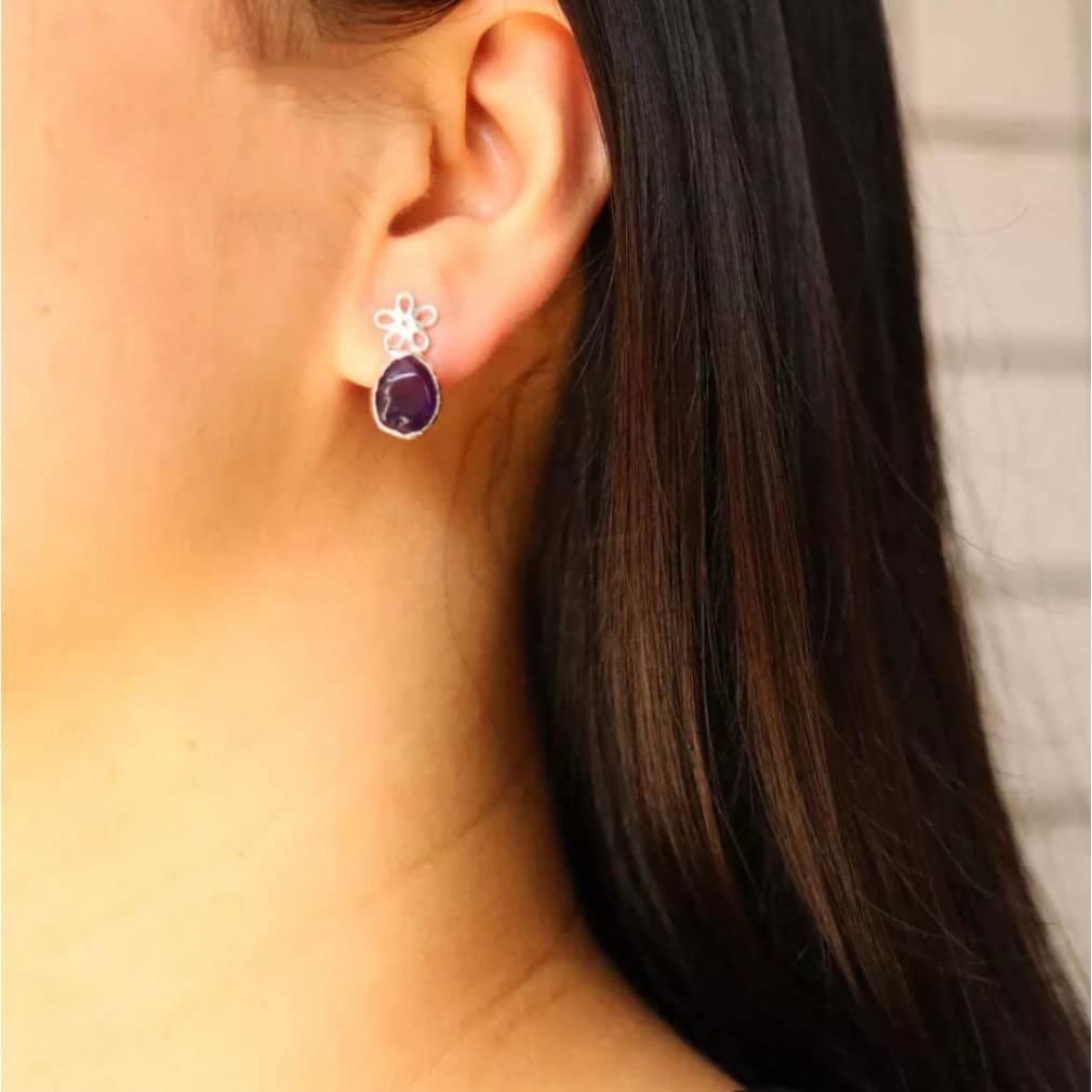 Natural Amethyst Rough Gemstone Earrings - 925 Sterling Silver Women's Jewelry for Daily Wear | Boho Chic, Gift, Wedding & Party Accessories