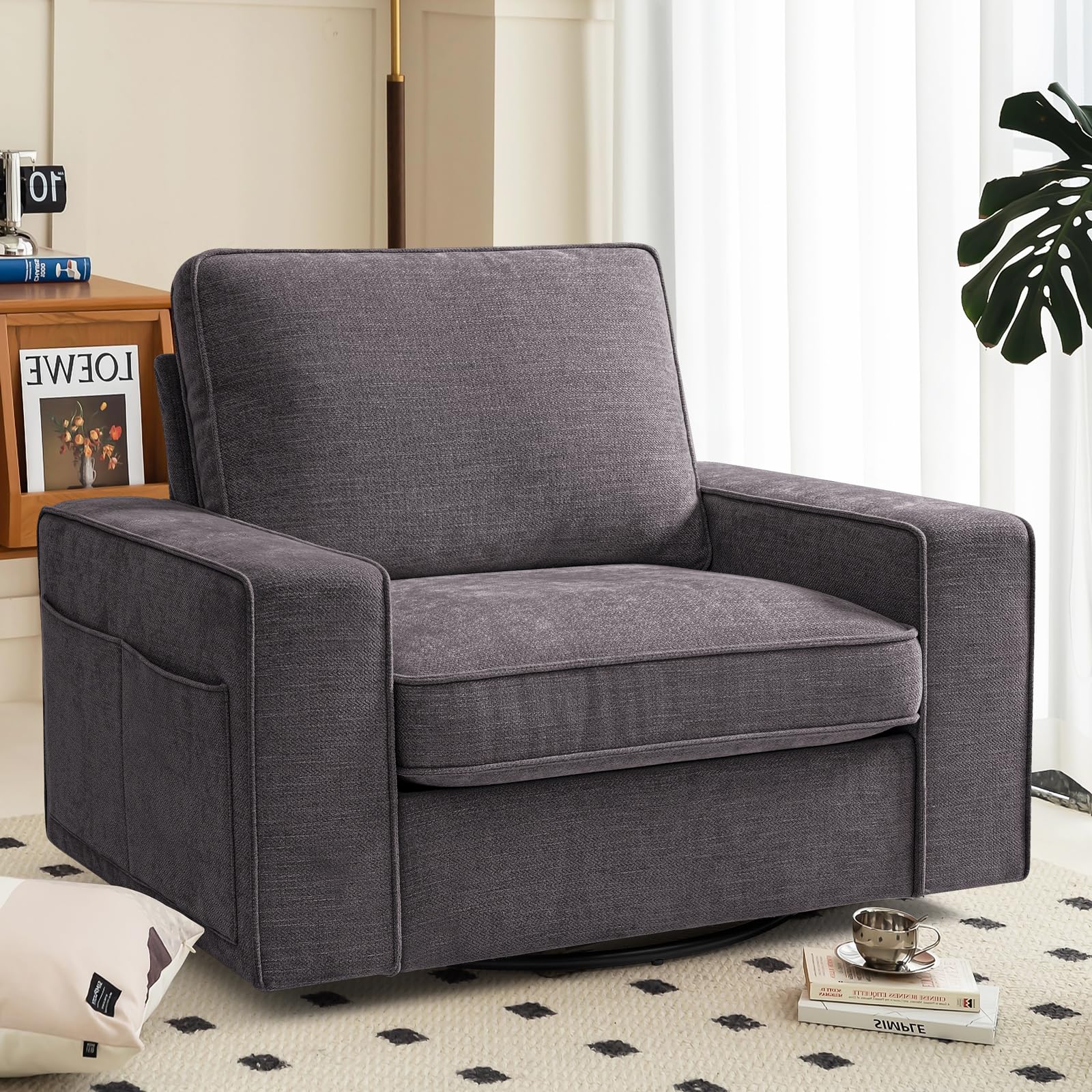 Swivel Accent Chair for Living Room - Comfy Single Sofa Chair with Soft Breathable Padding, Extra Wide Armrests & Washable Cover (Dark Gray, 40.7