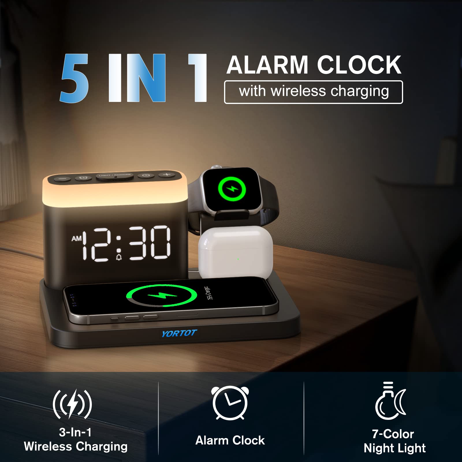 5-in-1 Wireless Charging Station with Alarm Clock & 7 Night Lights - Fast Charging Dock for iPhone 16/15/14/13/12/11/Pro/Max/XR, Samsung Galaxy, Apple Watch 9/8/7/6/5/SE & AirPods (All Models) - Perfect for Bedside, Office Desk & Travel Use