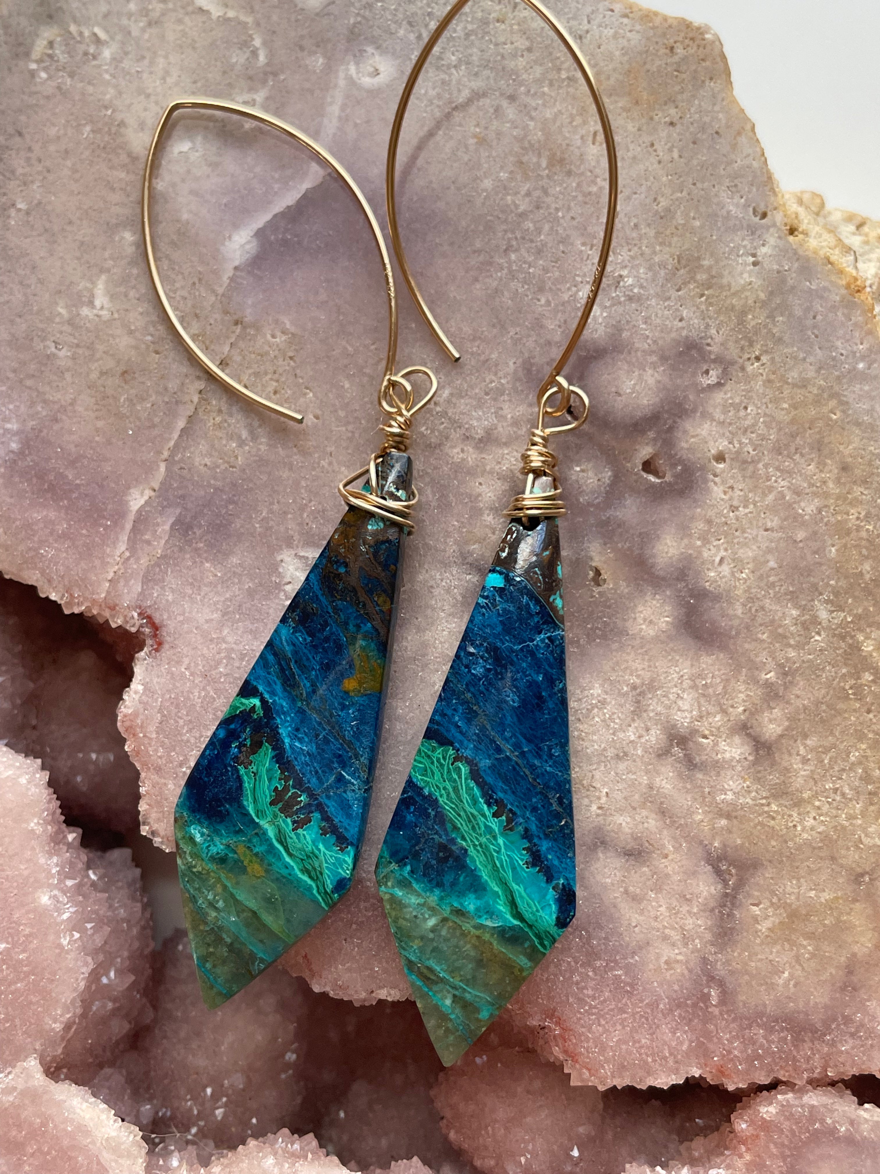 Chrysocolla Gold Filled Statement Crystal Gemstone Earrings for Women | Elegant Bohemian Jewelry for Parties, Weddings & Special Occasions