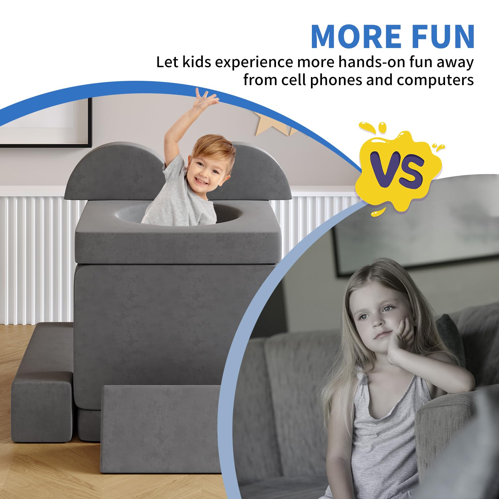 **12-Piece Modular Kids Play Couch Set with 2 Balls & Play Tunnel – Soft Toddler Sofa for Playroom, Kickball Games & 30+ Creative Activities – Dark Gray**    *(Perfect for Indoor Playrooms, Birthday Gifts, Daycare Centers & Family Game Nights!)*