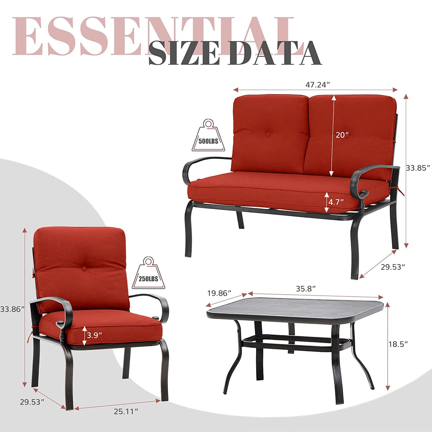 4-Piece Outdoor Metal Patio Furniture Set - Wrought Iron Conversation Set with Loveseat, Coffee Table & 2 Chairs - Steel Frame Garden Seating with Red Cushions - Perfect for Backyard, Deck, Poolside or Patio Relaxation