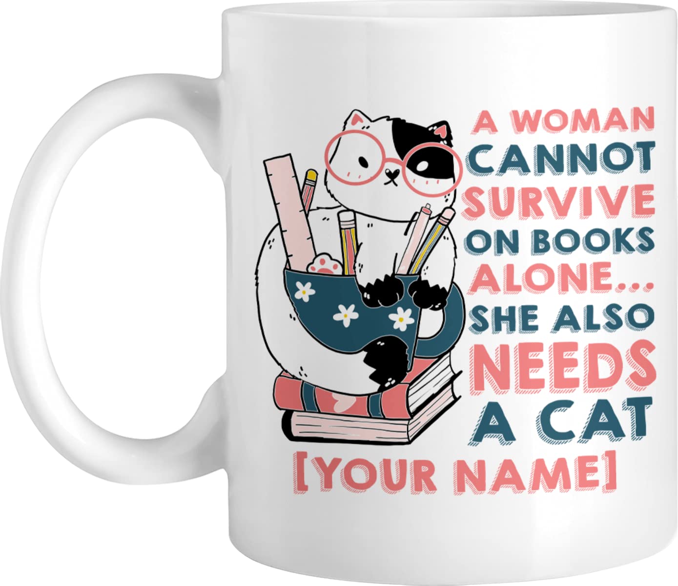 Personalized Coffee Mug - Custom Name Cute Cats on Books Cup - Perfect Gift for Cat Lovers, Women, Sisters & Friends - Great for Birthdays, Reading Time & Coffee Breaks